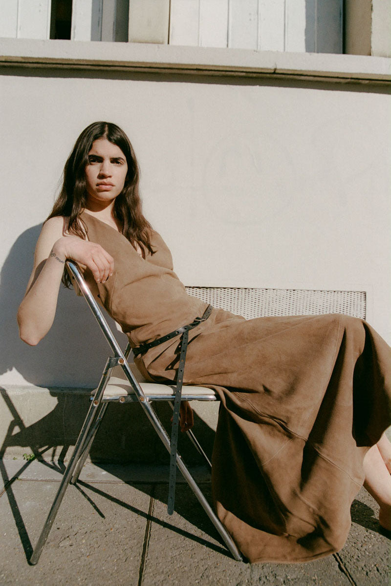 Suede Halter Plunge Dress - Toffee - 11