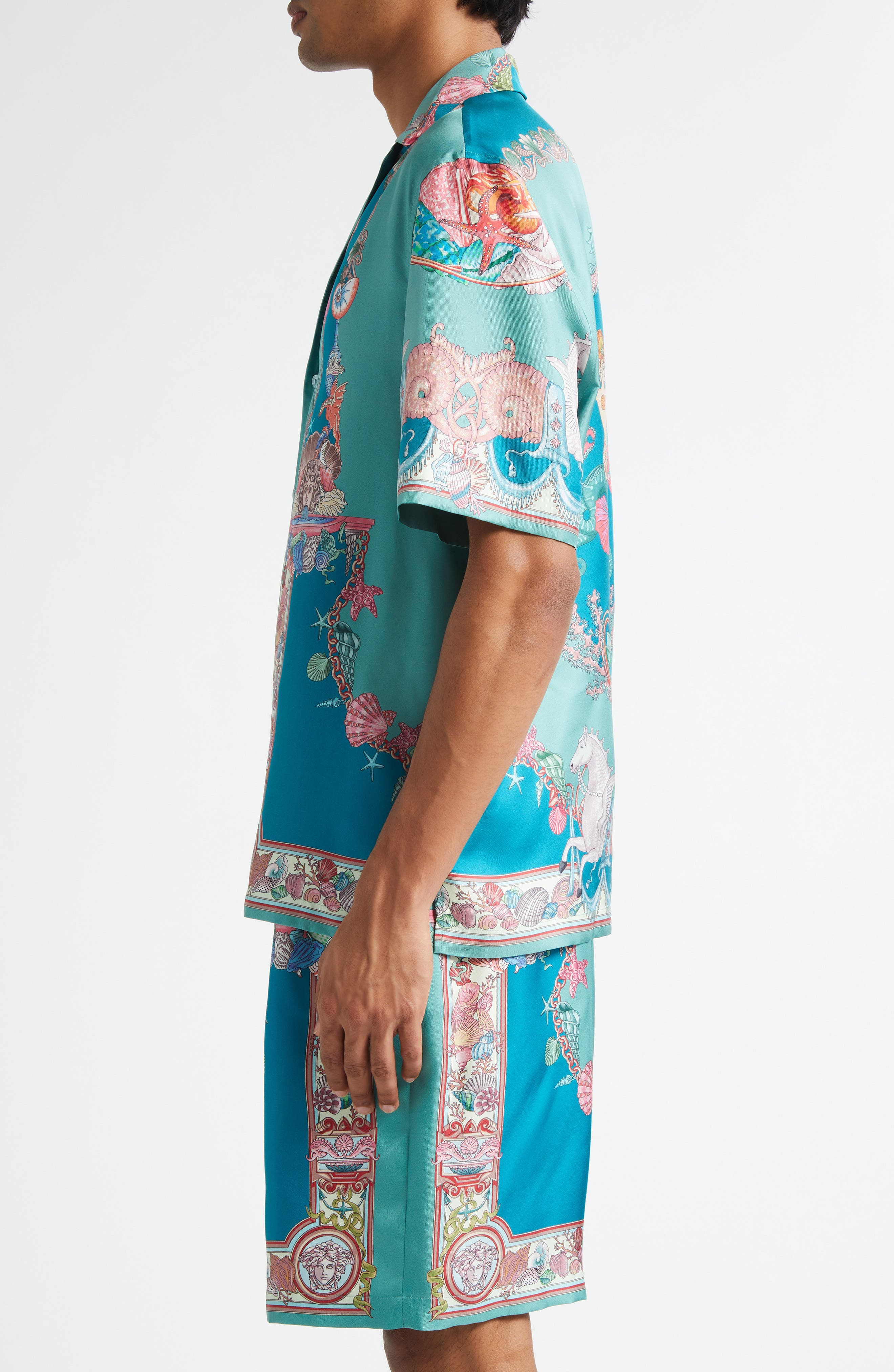 Versace Coral Theater Silk Twill Camp Shirt in Sea Green Dark Sea Green at Nordstrom - 4