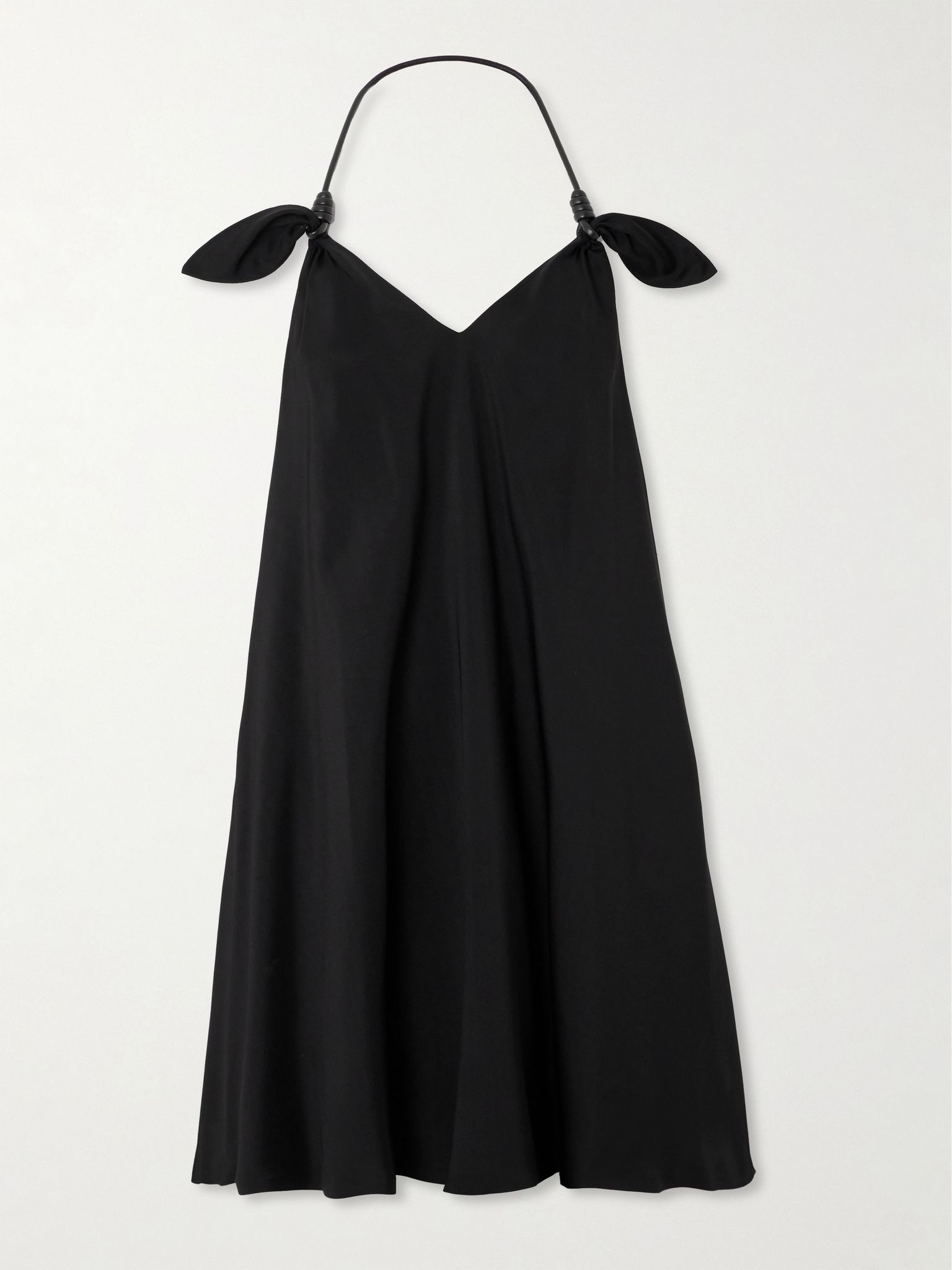 Flamenco knotted leather-trimmed twill halterneck mini dress Black - 1
