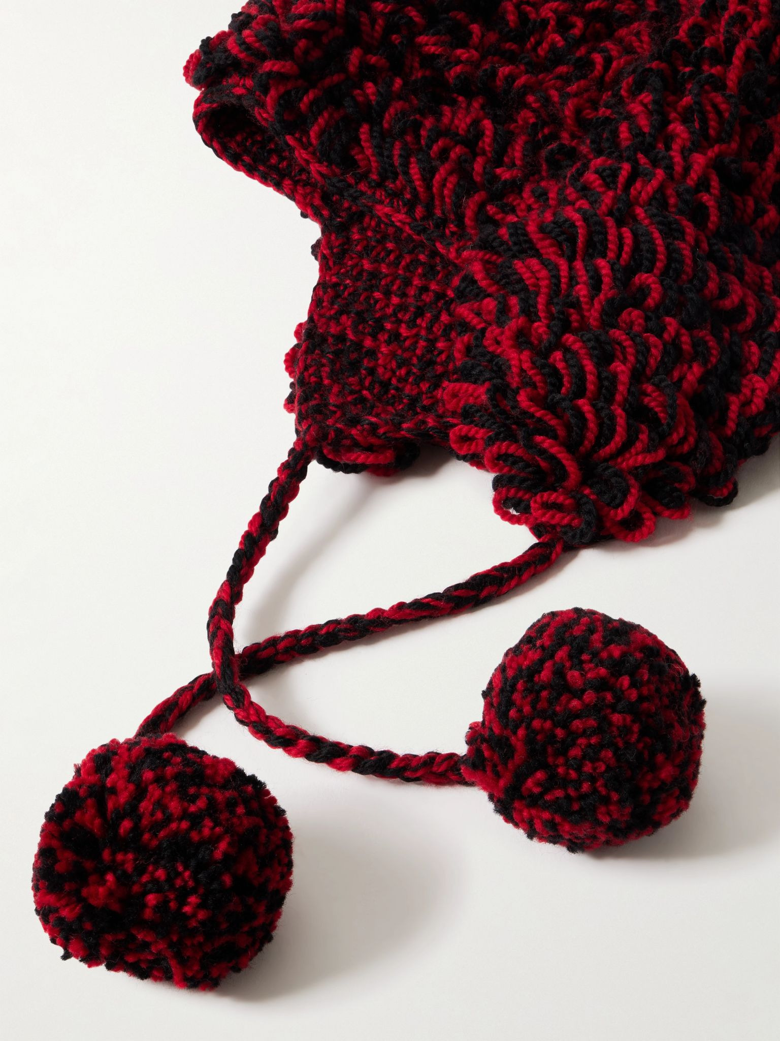 Pompom-Detailed Crocheted Merino Wool Hat Red - 3