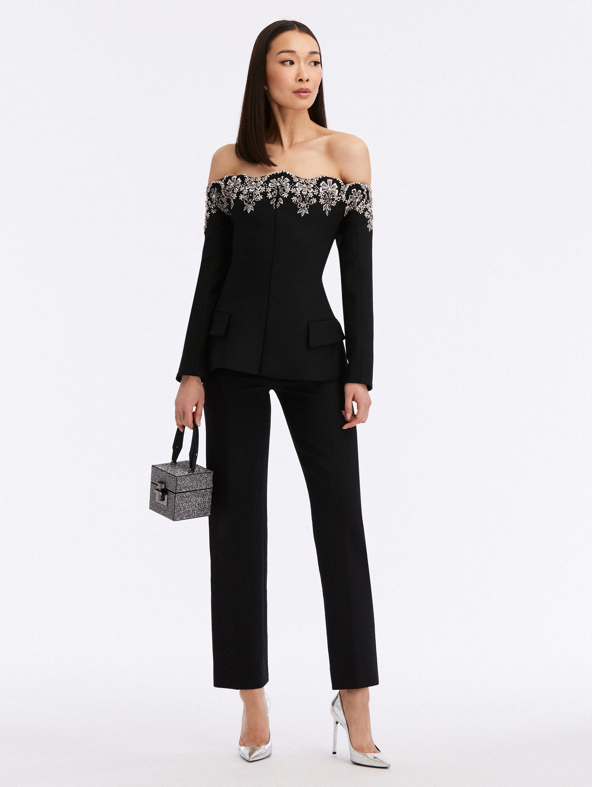 OFF SHOULDER CRYSTAL SCALLOP EMBROIDERED JACKET - 4