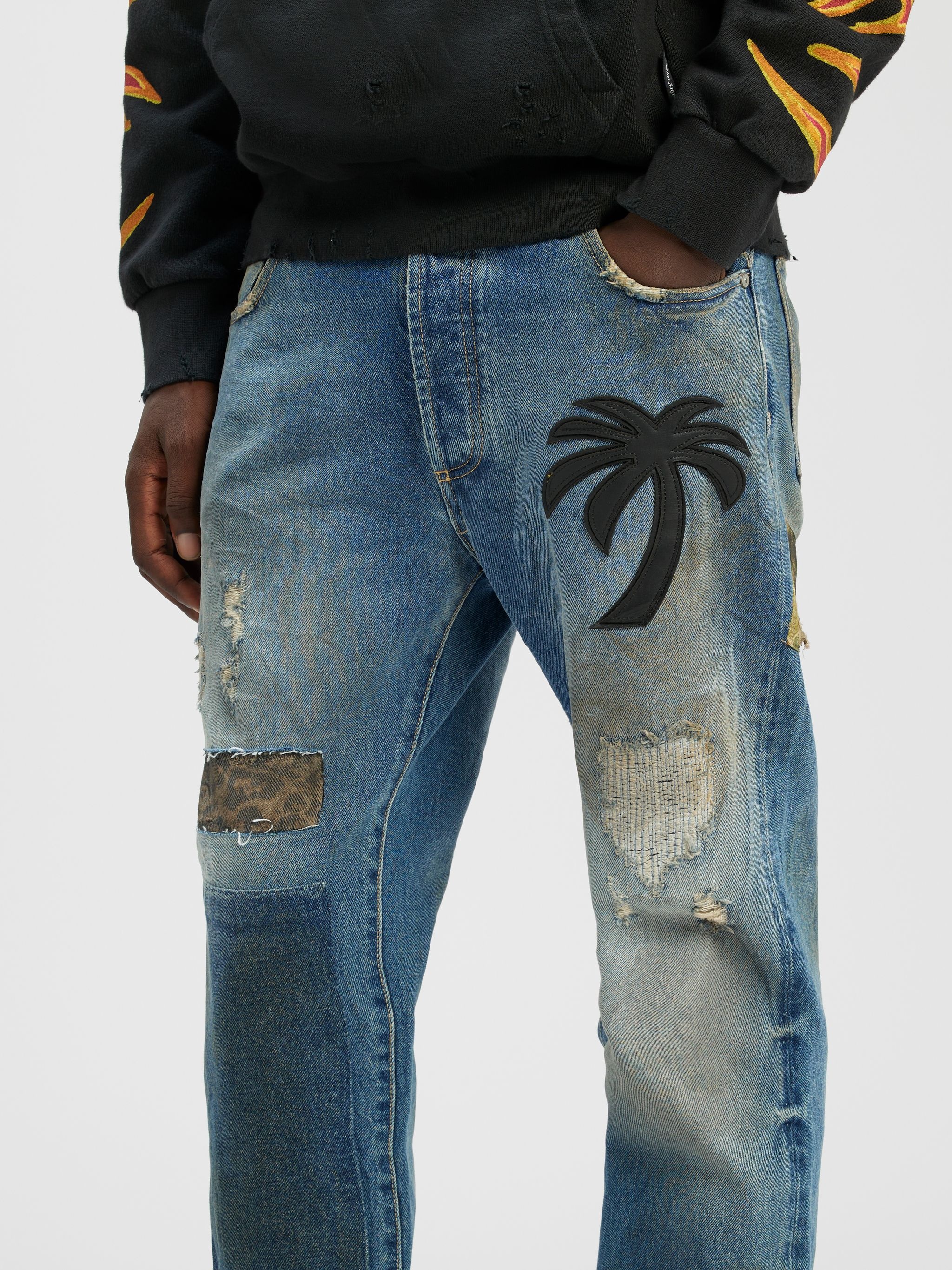CURVED PALM TREE REGULAR DENIM PANTS - 6