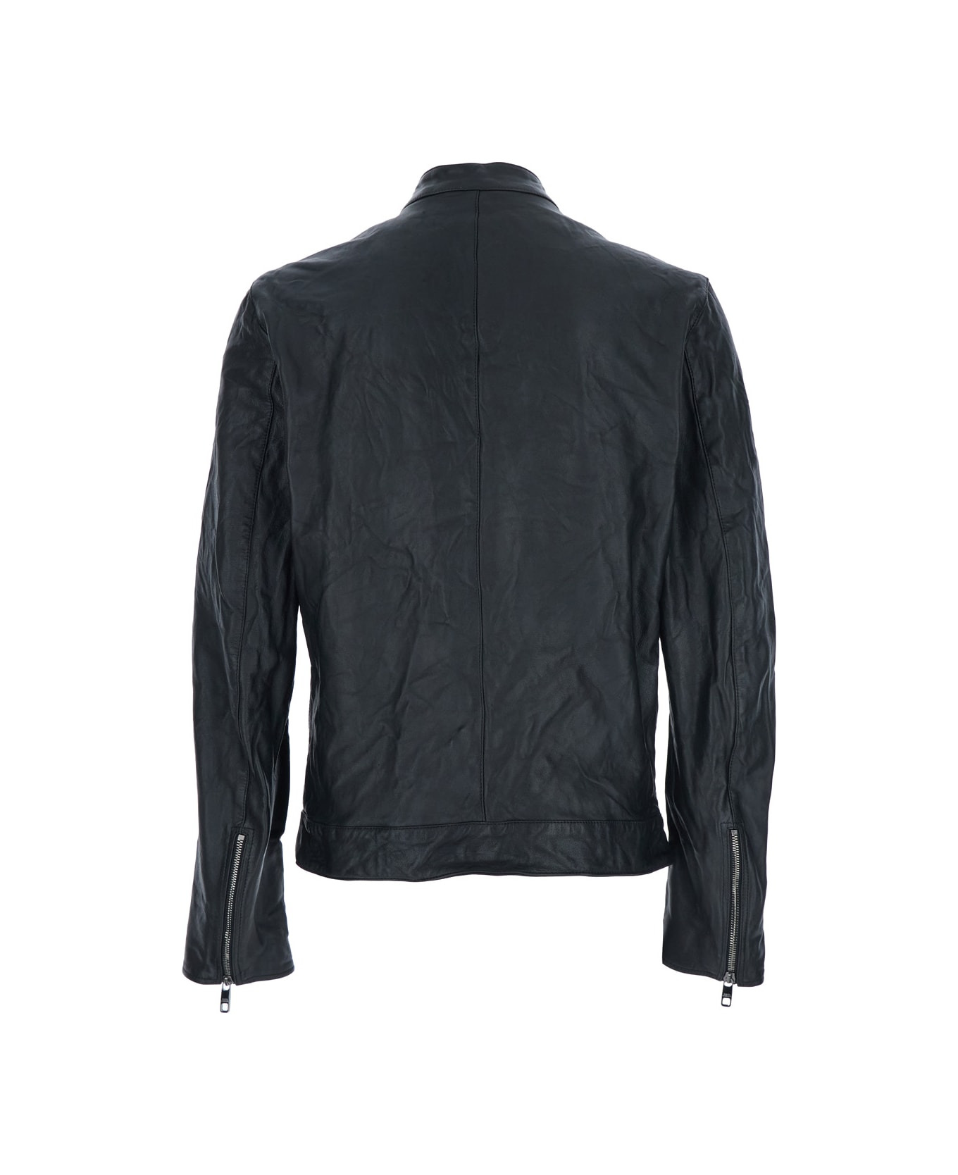 Black Crewneck Jacket With Two Front Welt Pockets With Zip In Leather Man - 2