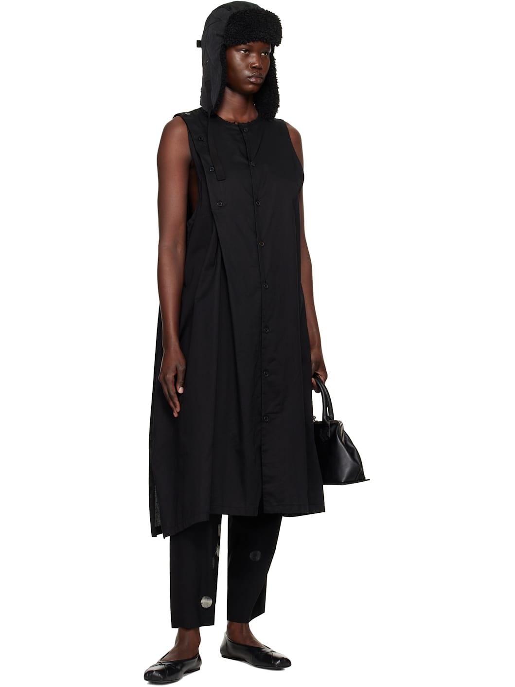 Black S-Asymmetric Button Midi Dress - 5