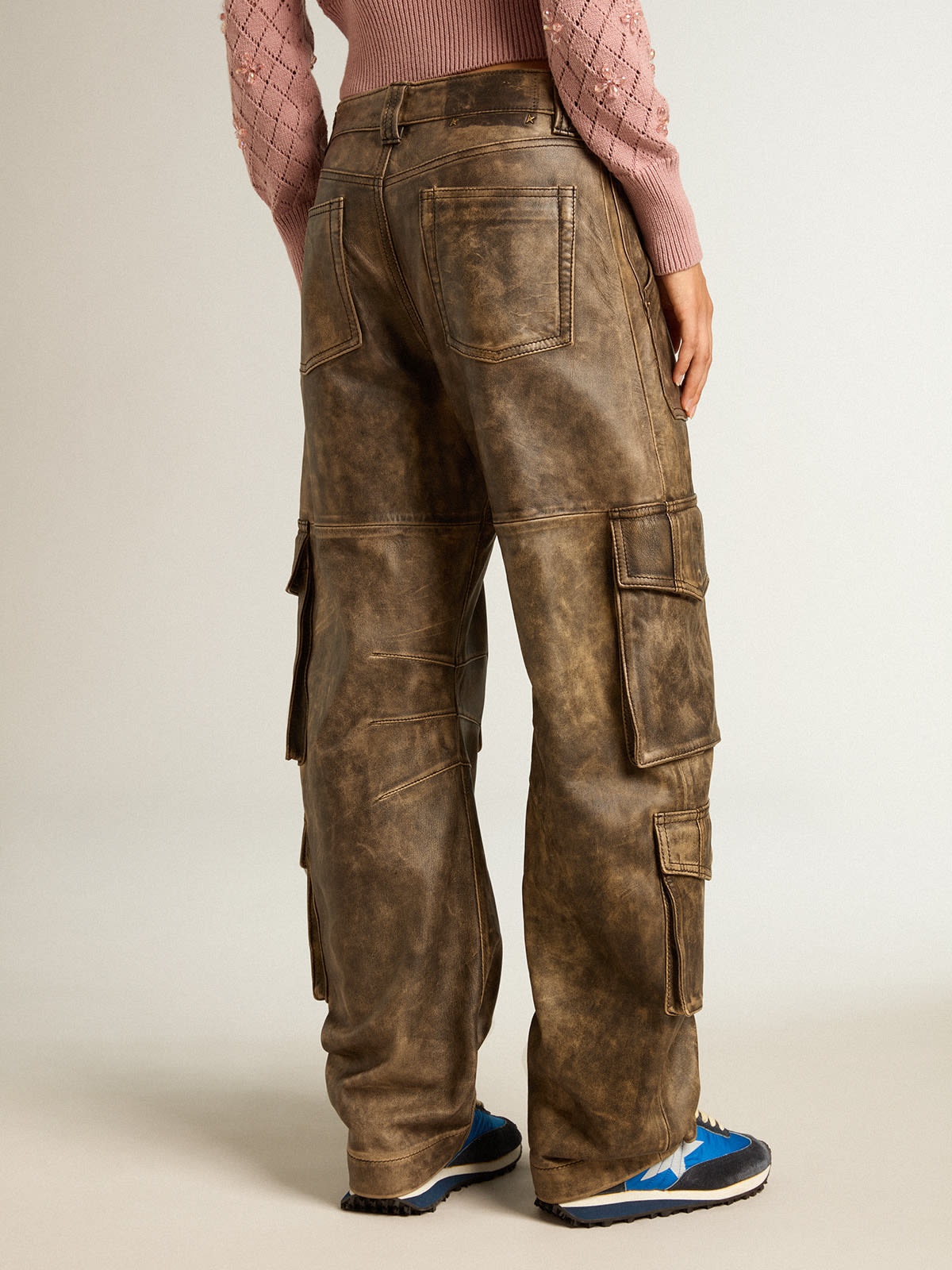 Women's aged brown nappa leather cargo pants - 4