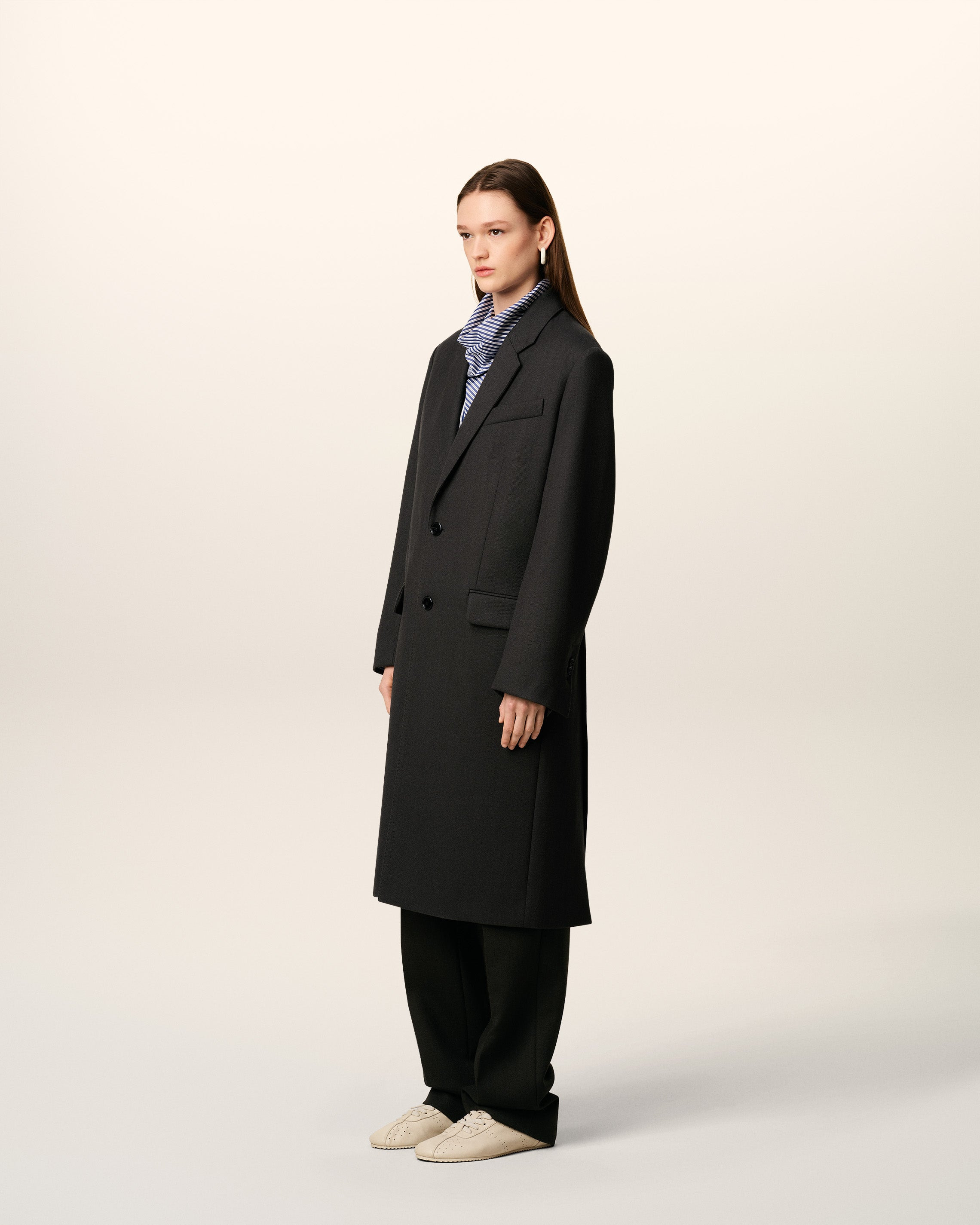 BLACK WOOL SINGLE BREASTED STRAIGHT COAT - 6