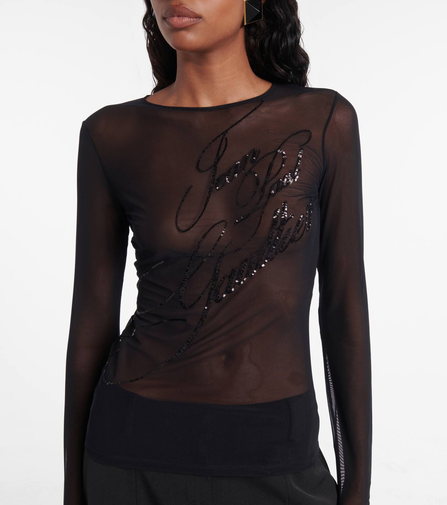 Logo sequined tulle top - 5