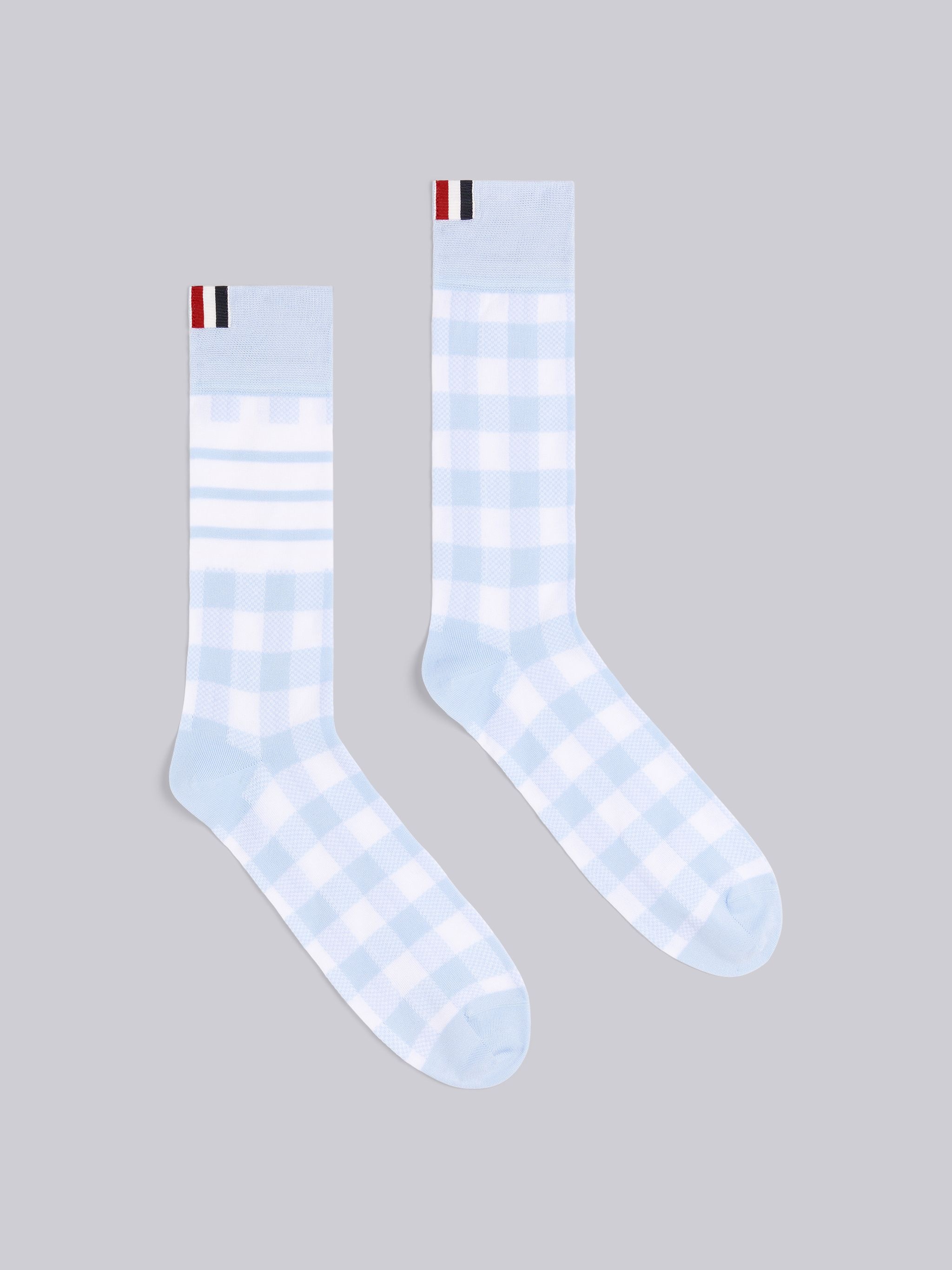 Light Blue Mercerized Cotton Gingham Jacquard Mid-calf Socks - 1