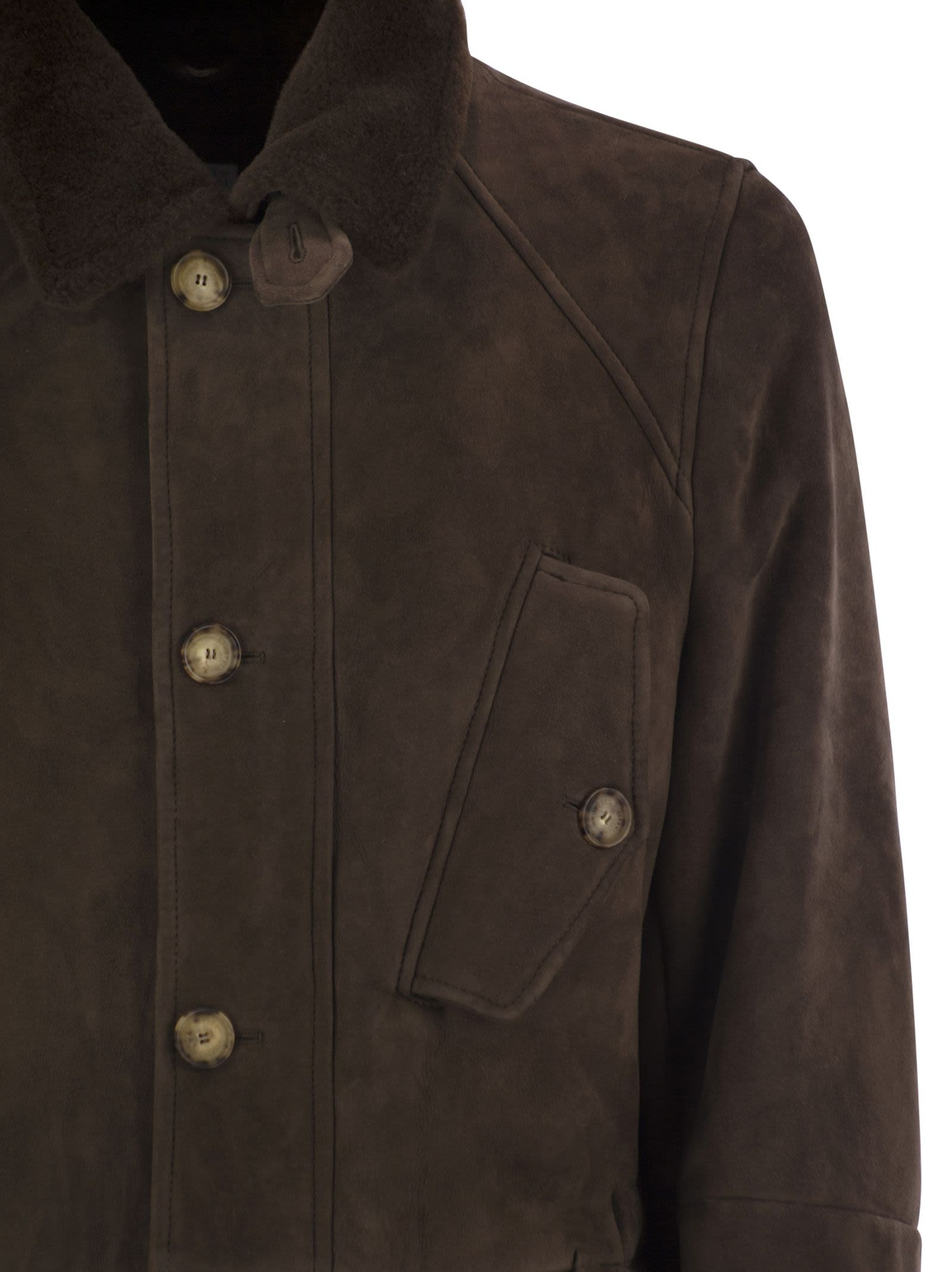 Brunello Cucinelli Men Tone-On-Tone Suede Shearling Coat - 4
