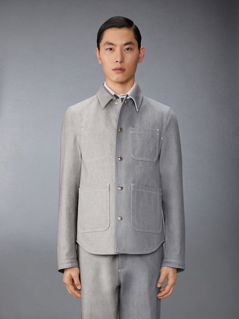 Thom Browne Funmix Washed Denim Contrast Topstitching Utility Patch Pocket Jacket outlook
