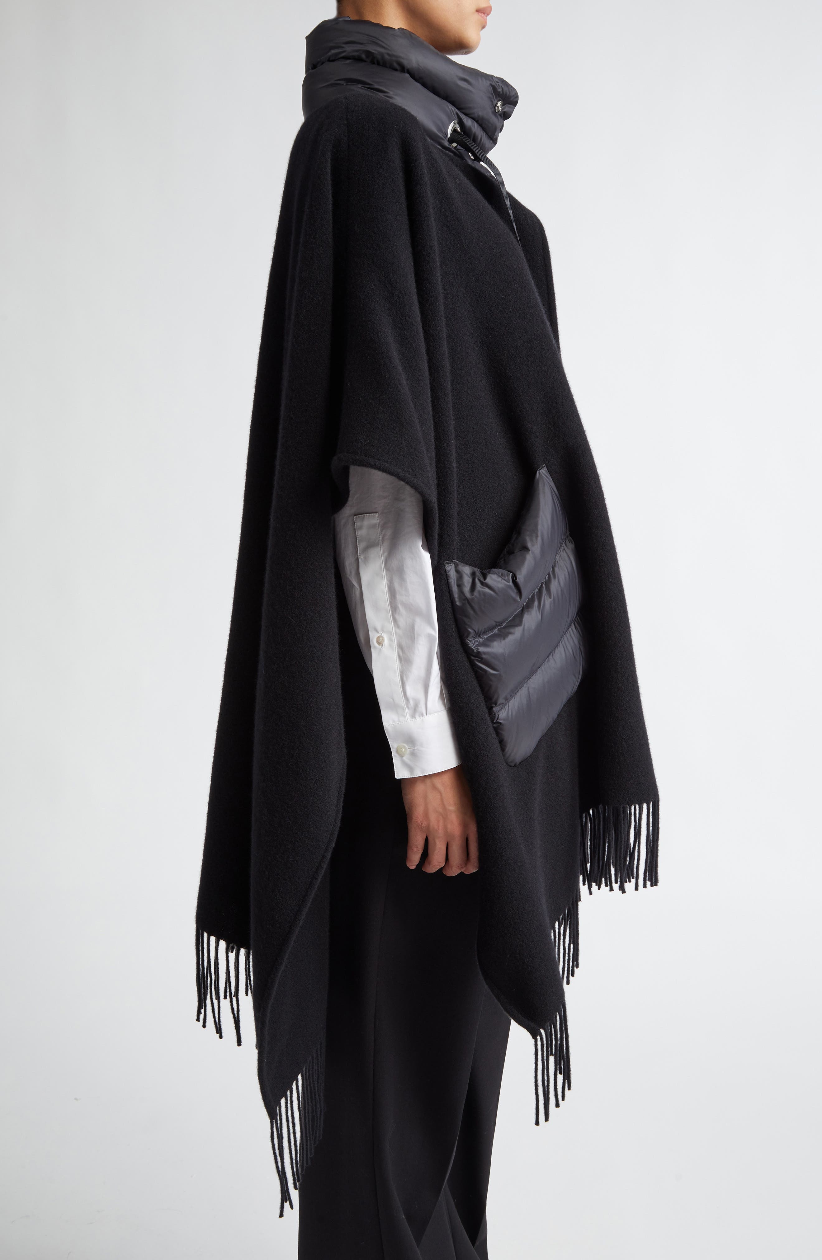 Herno Mixed Media Fringe Trim Poncho in Black at Nordstrom - 3