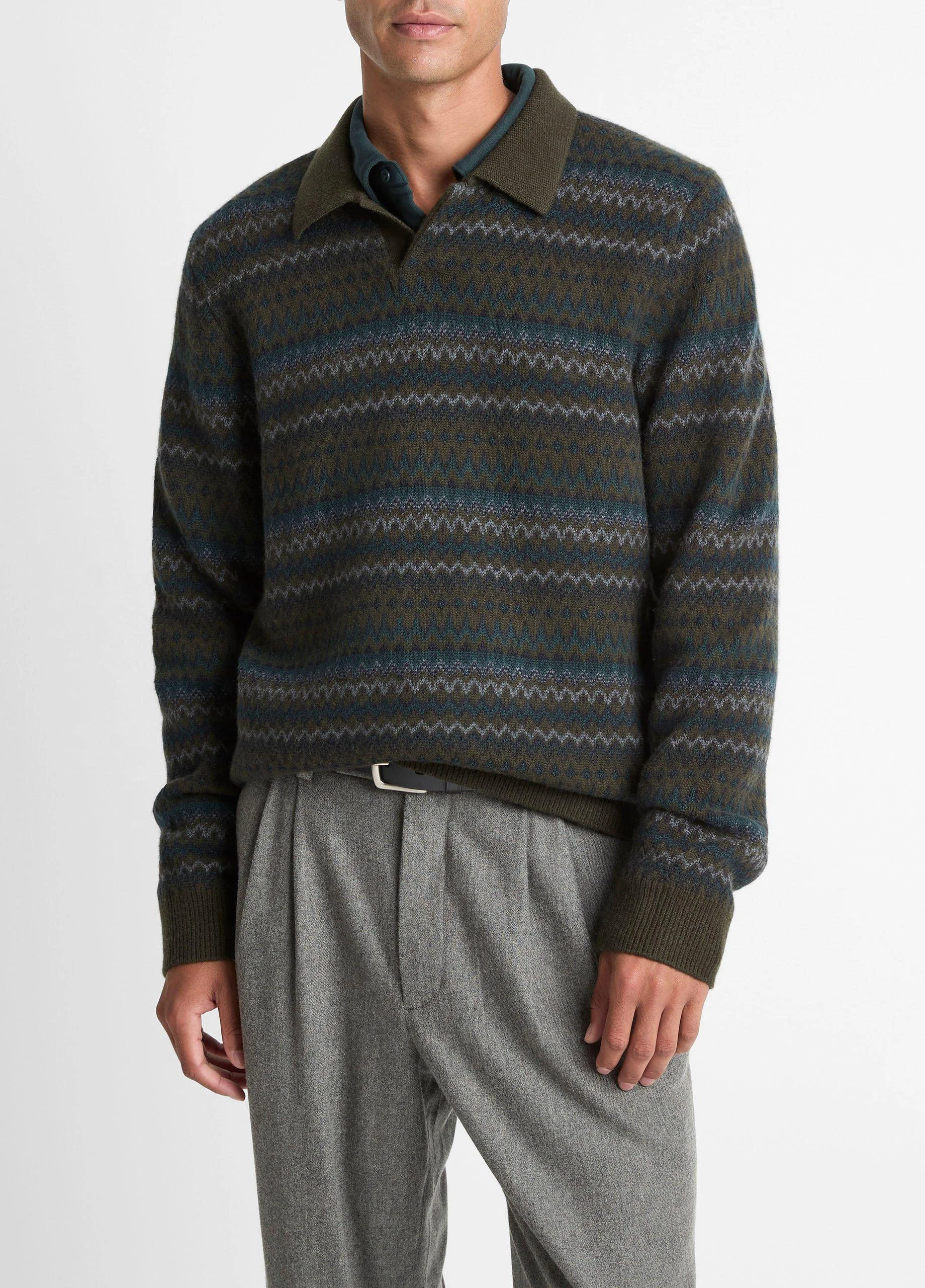 Fair Isle Wool-Cashmere Johnny-Collar Sweater - 1