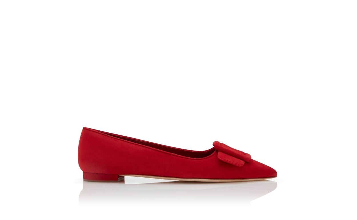 Red Suede Buckle Detail Flat Pumps - 1