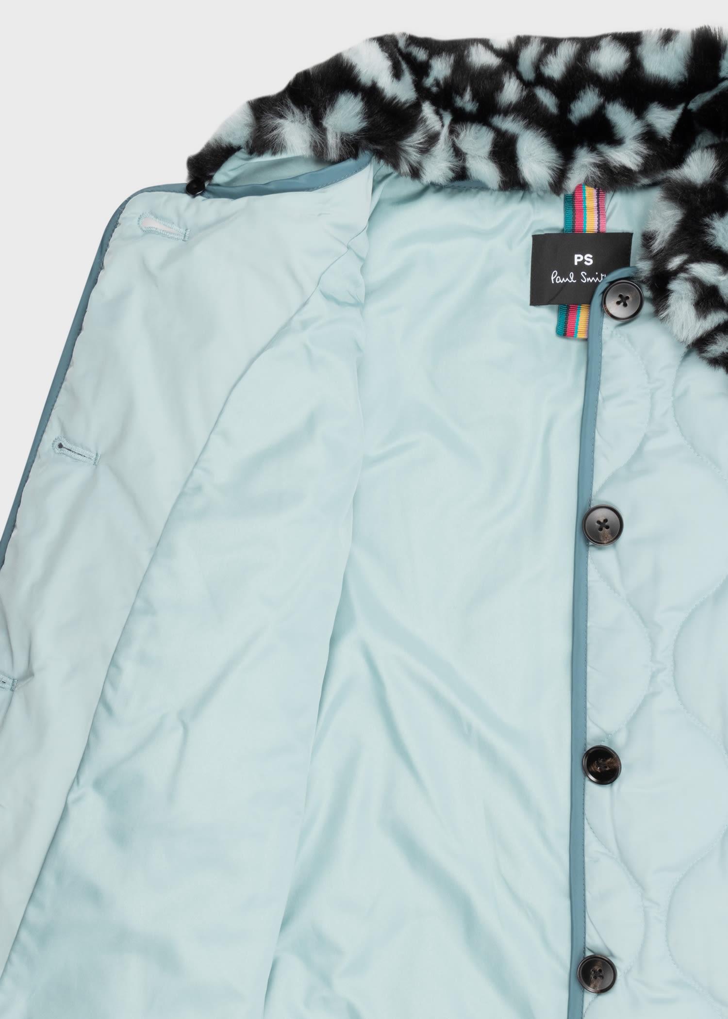 Pale Blue Quilted Leopard Collar Coat - 4
