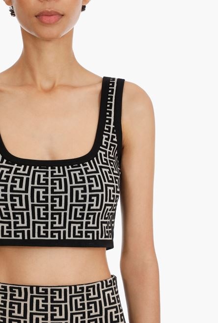 Cropped bicolor jacquard sports bra top with Balmain monogram - 6