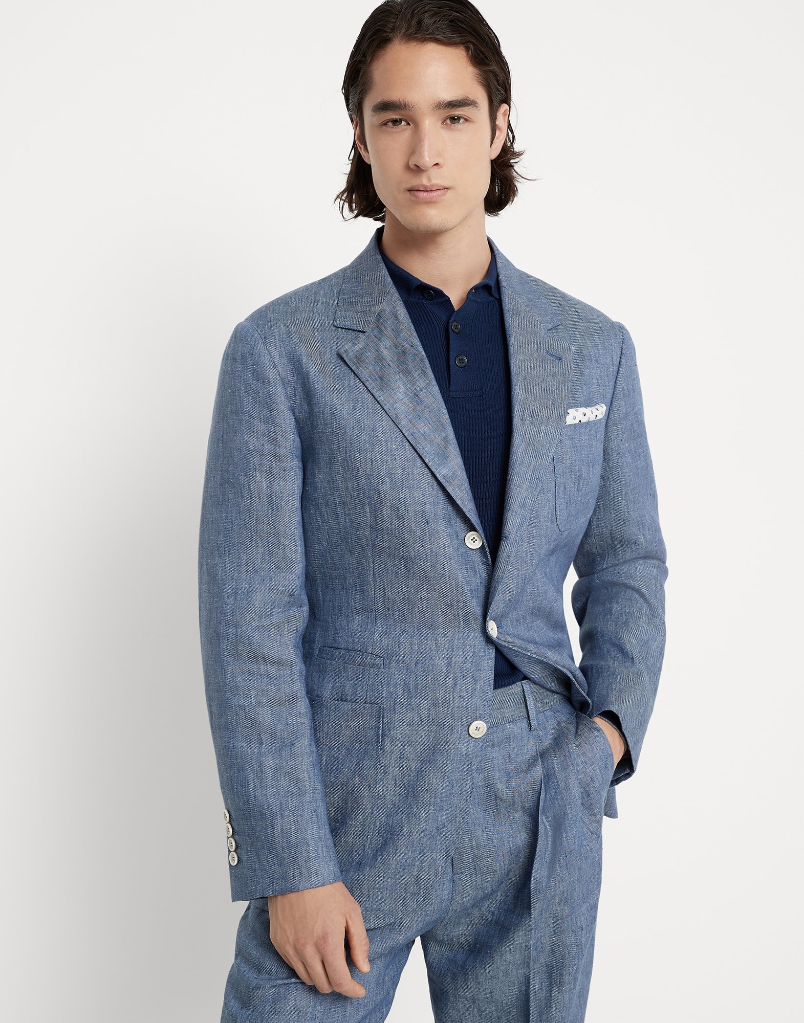 Denim-effect linen deconstructed blazer with patch pockets - 1