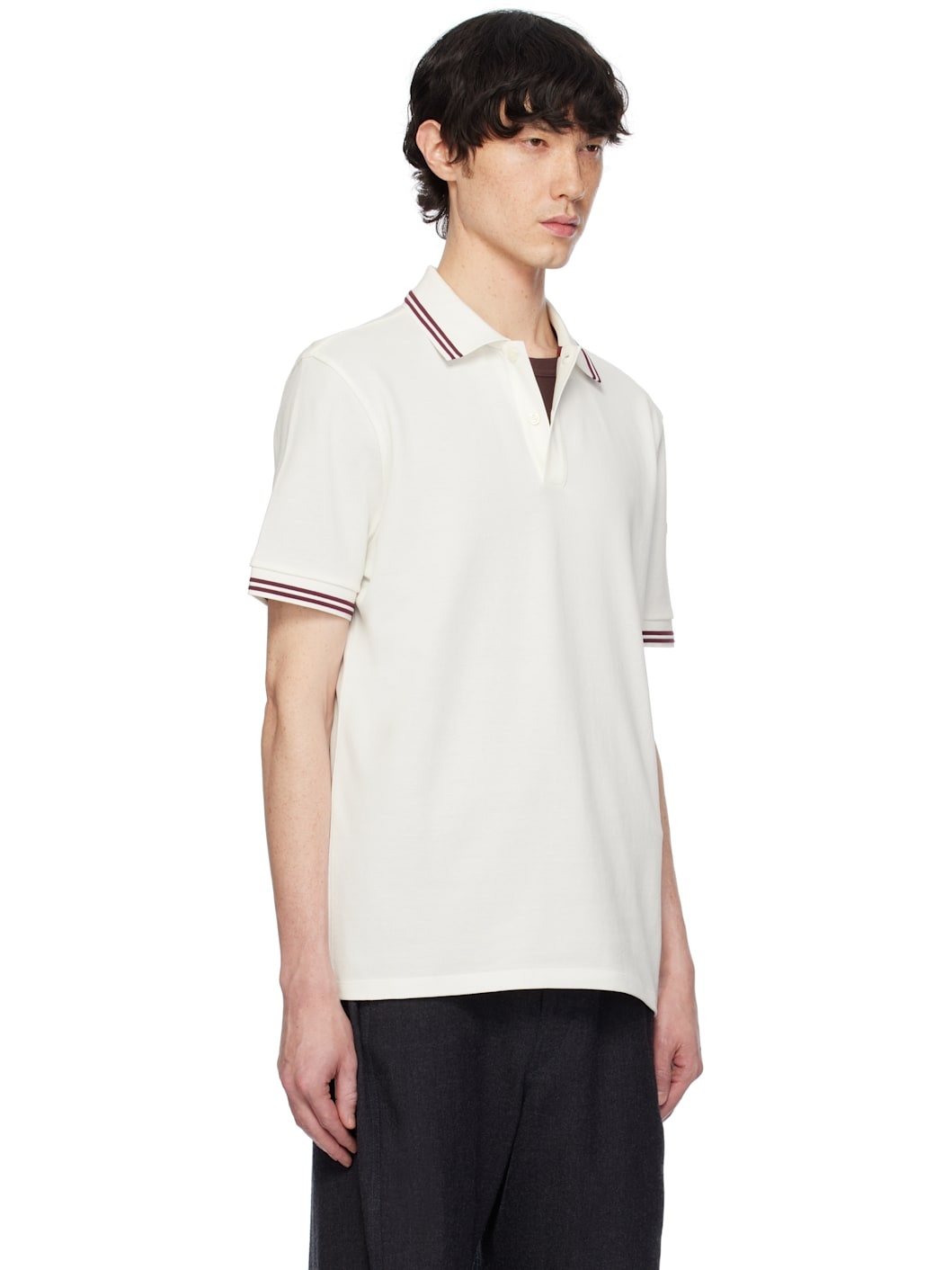 White Striped Trim Cotton Piquet Polo - 2