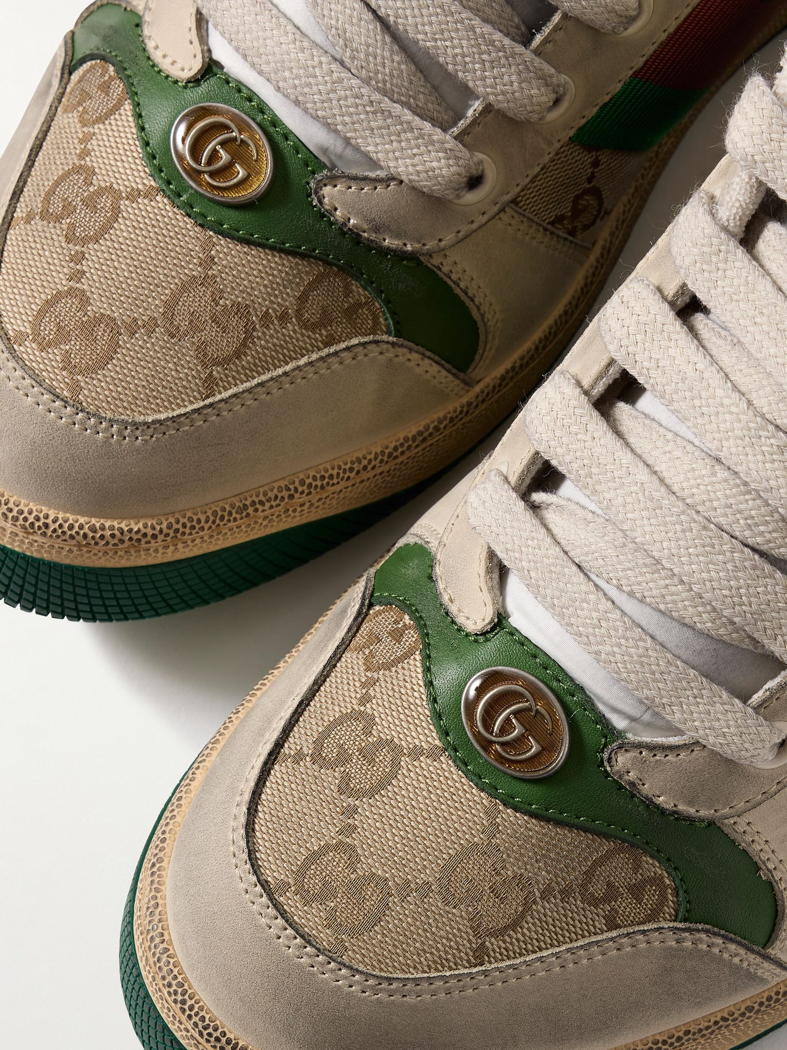 Screener Monogrammed Canvas and Webbing-Trimmed Distressed Leather Sneakers Off-white - 6