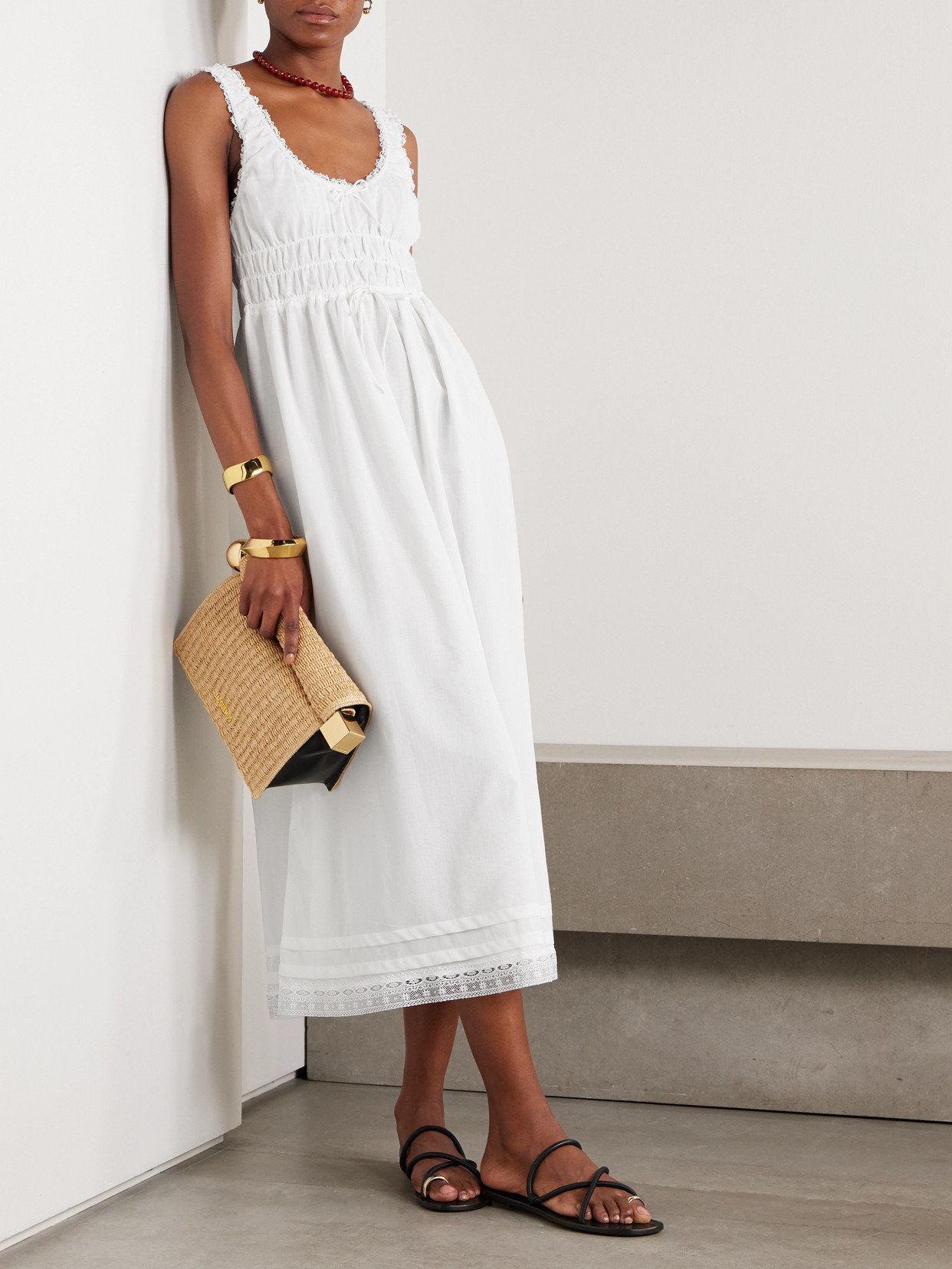 Juliet Bow-embellished Lace-trimmed Shirred Cotton-poplin Midi Dress - 2