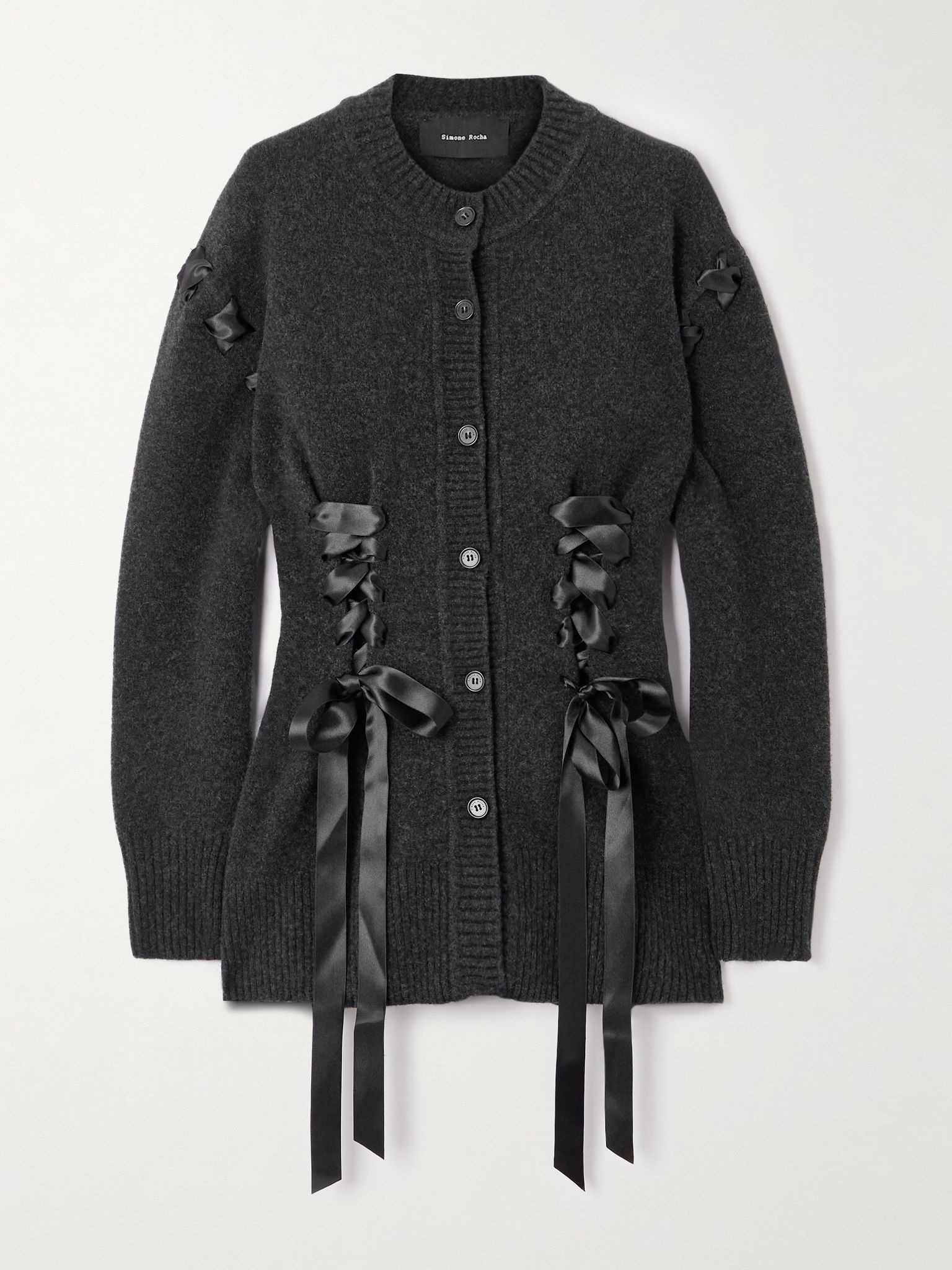 Bow-embellished merino wool-blend cardigan Charcoal - 1
