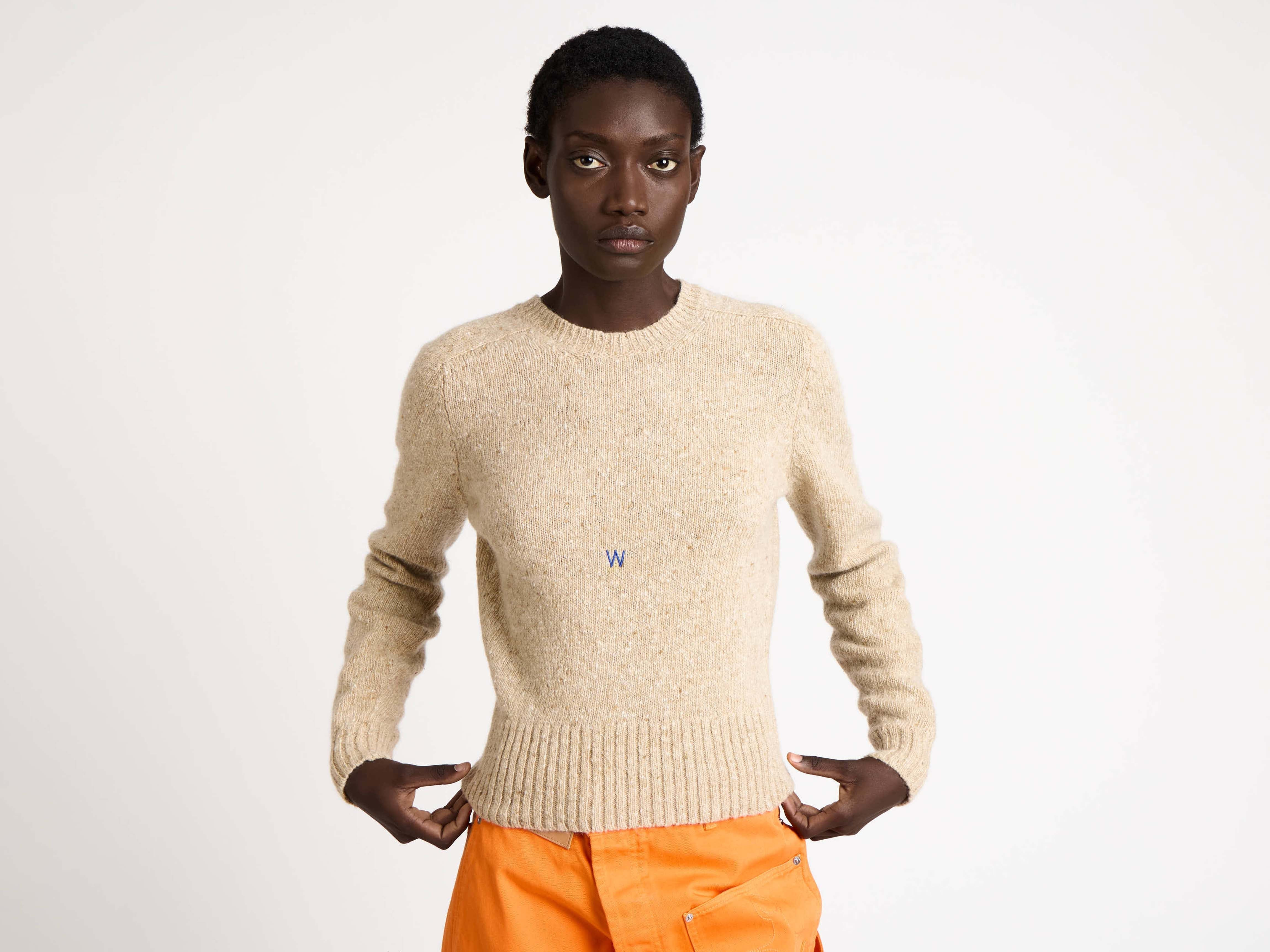EMBROIDERED CREW NECK JUMPER IN OATMEAL MELANGE - 4