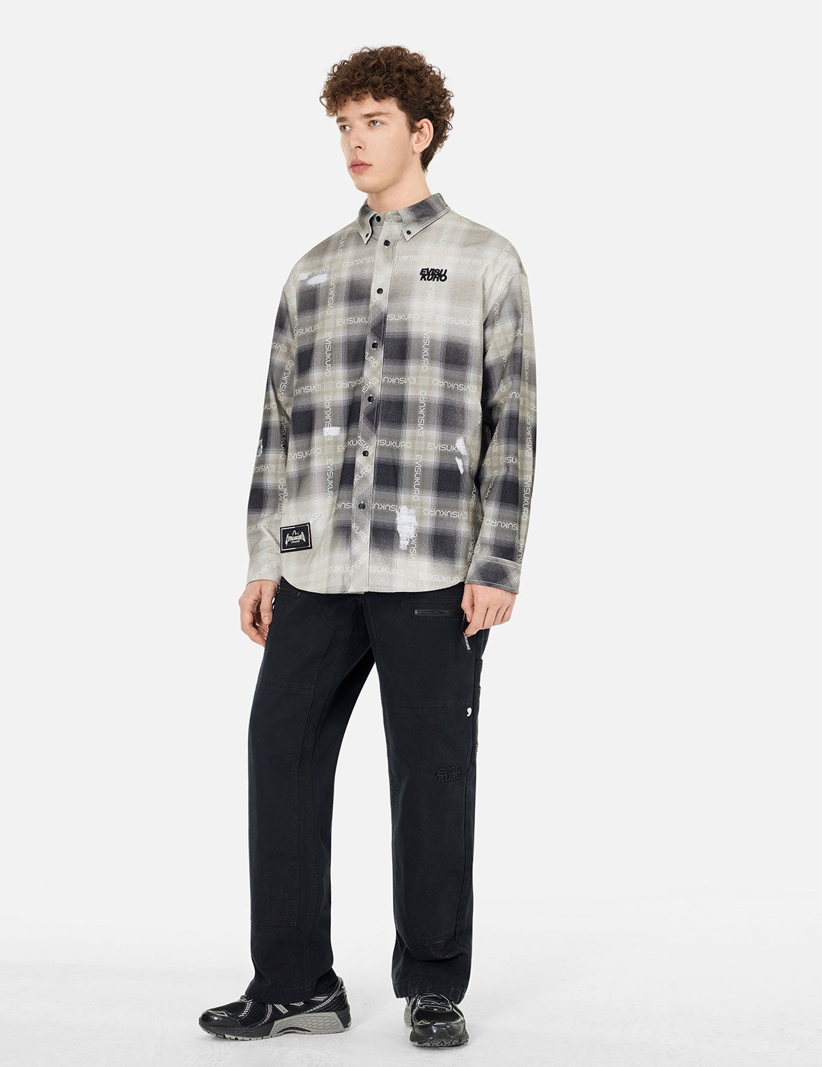 Allover Logo Print Distressed Oversized Check Shirt - 3