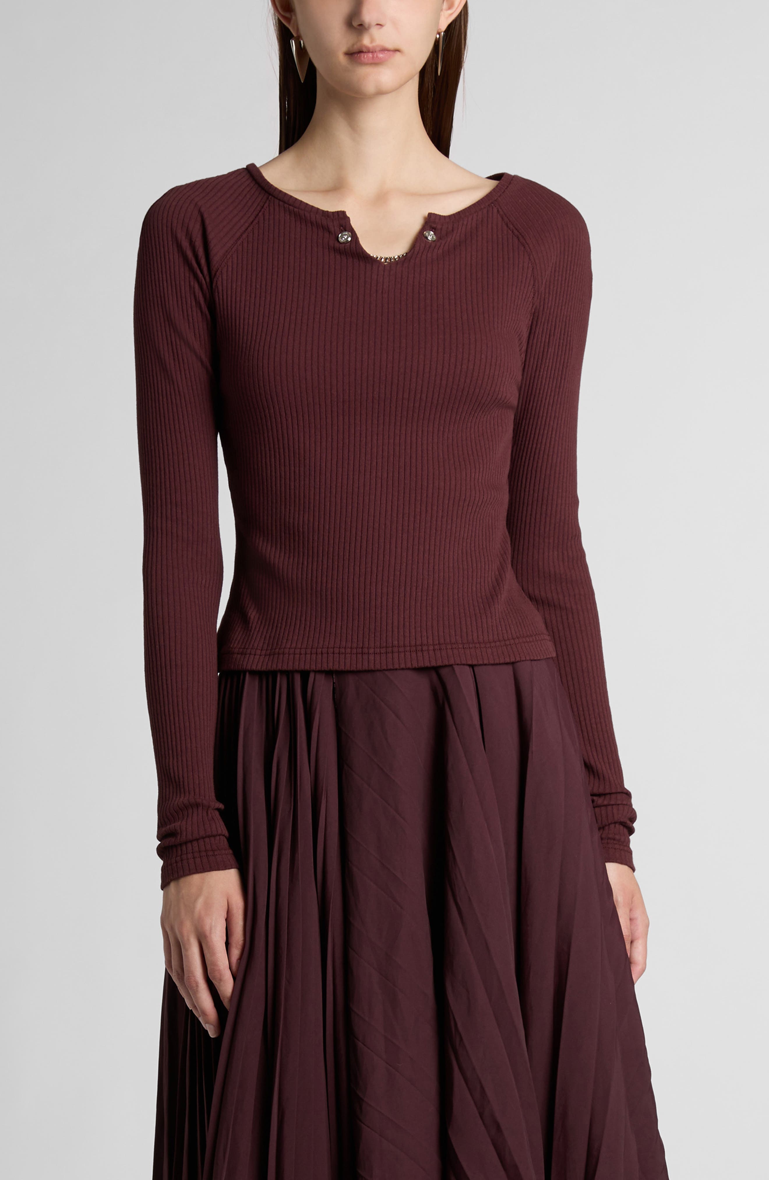 McQueen Rib Long Sleeve Top in Burgundy at Nordstrom - 1
