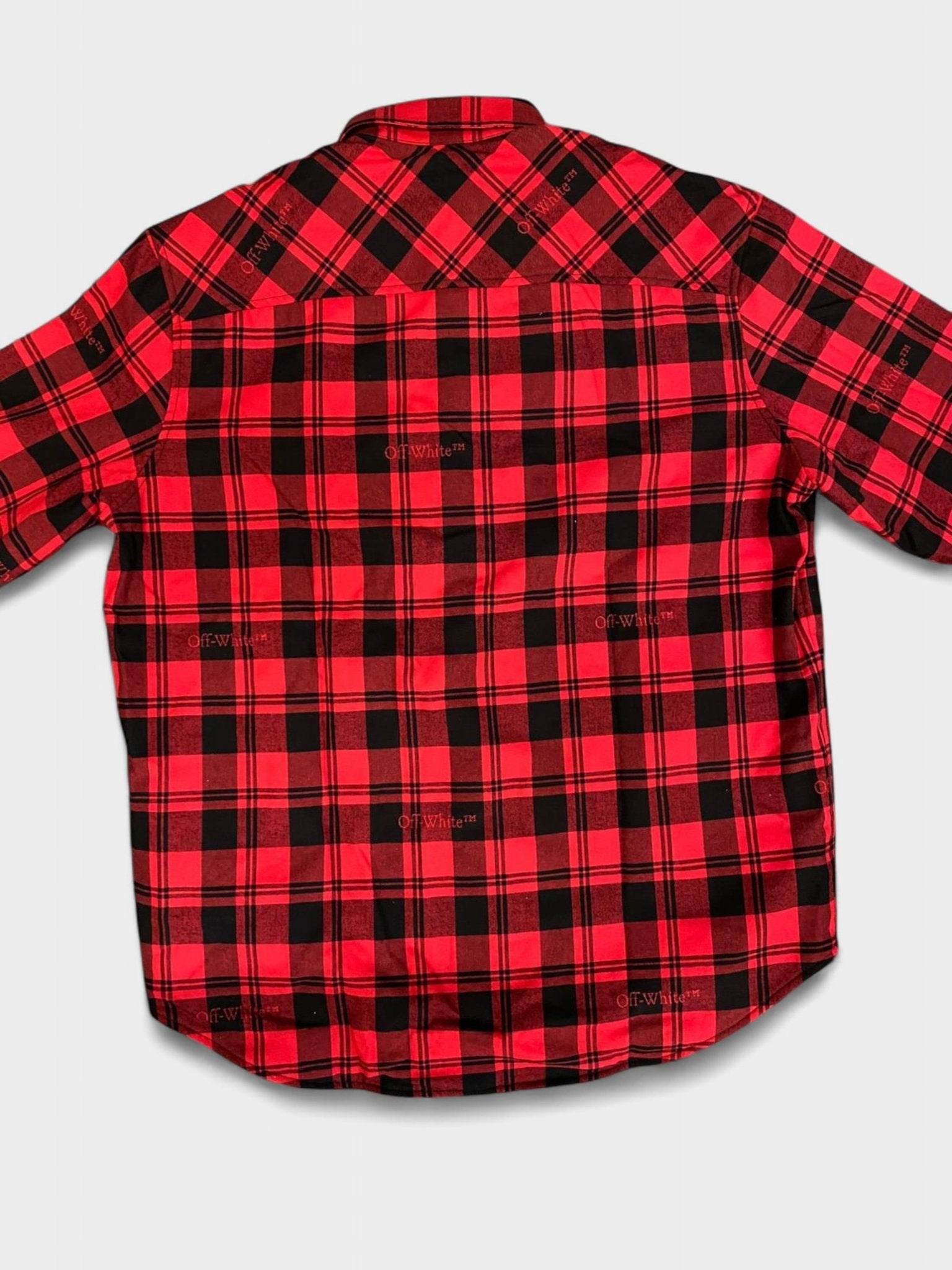 Off White Checked Flannel Padded Overshirt Red Black - 3