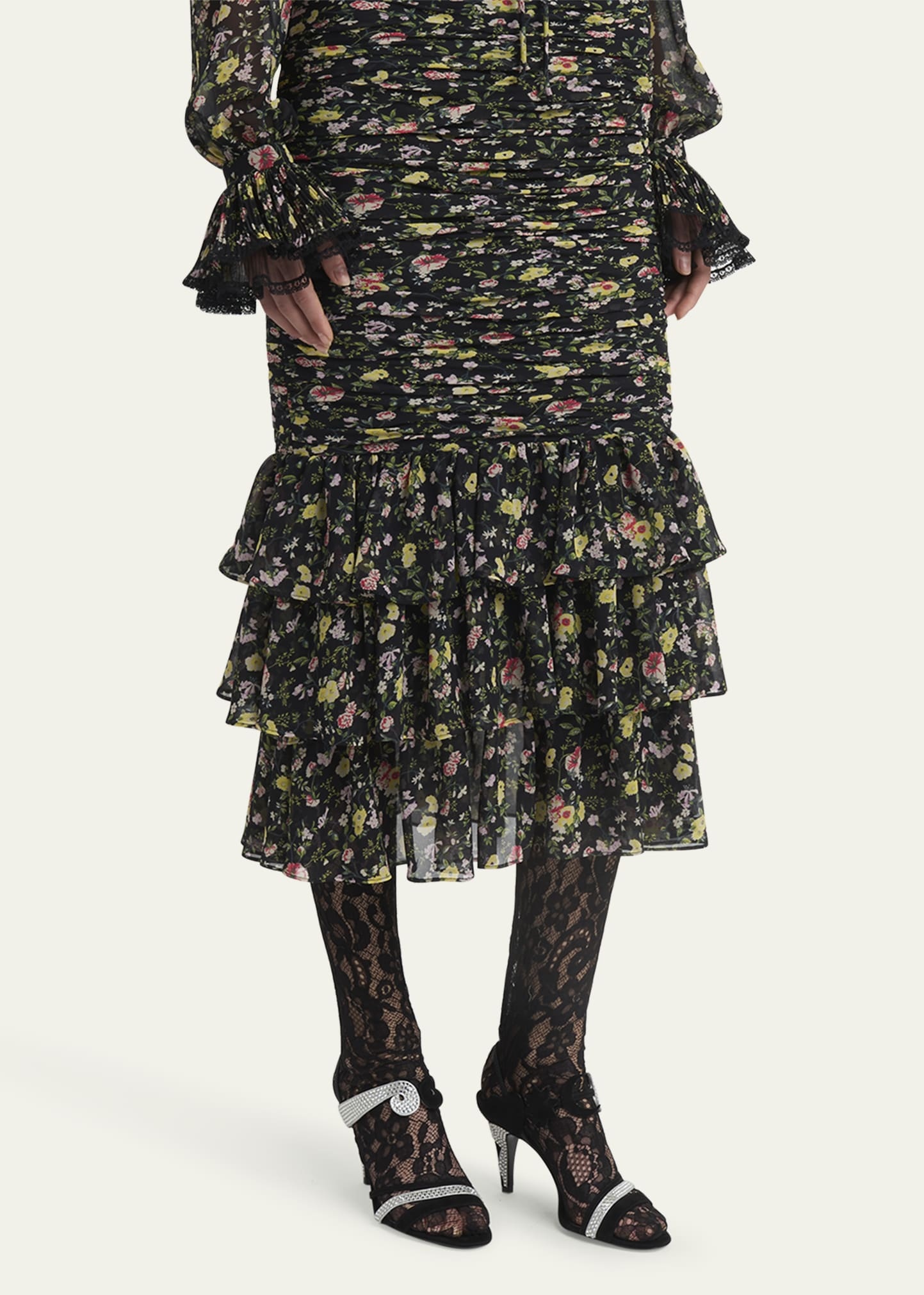 Ruched Flower Print Midi Skirt With Ruffle Hem - 4