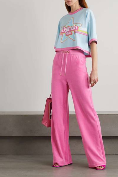 Balmain + Barbie appliquéd organic cotton-blend velour wide-leg track pants outlook