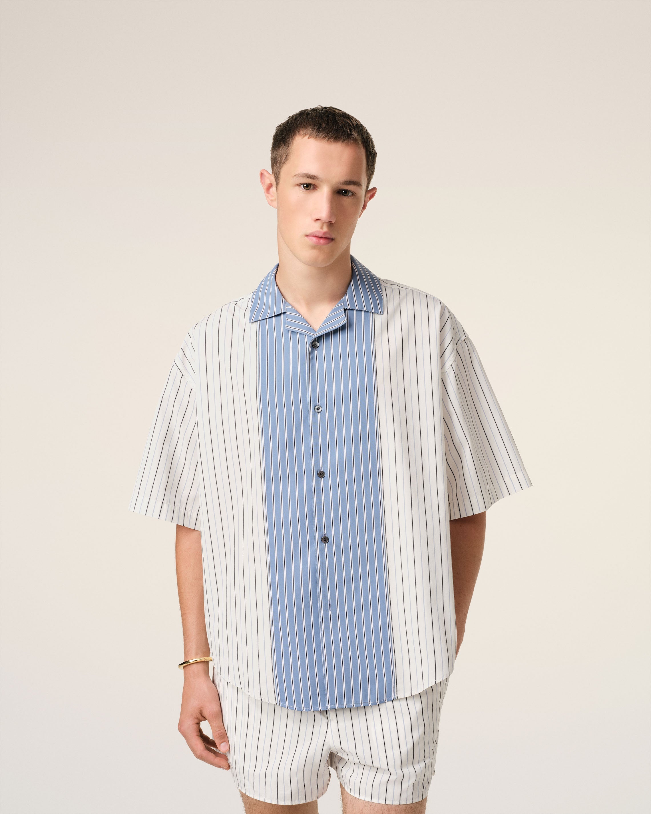 WHITE AND BLUE COTTON SHORT SLEEVE BOXY SHIRT - 3