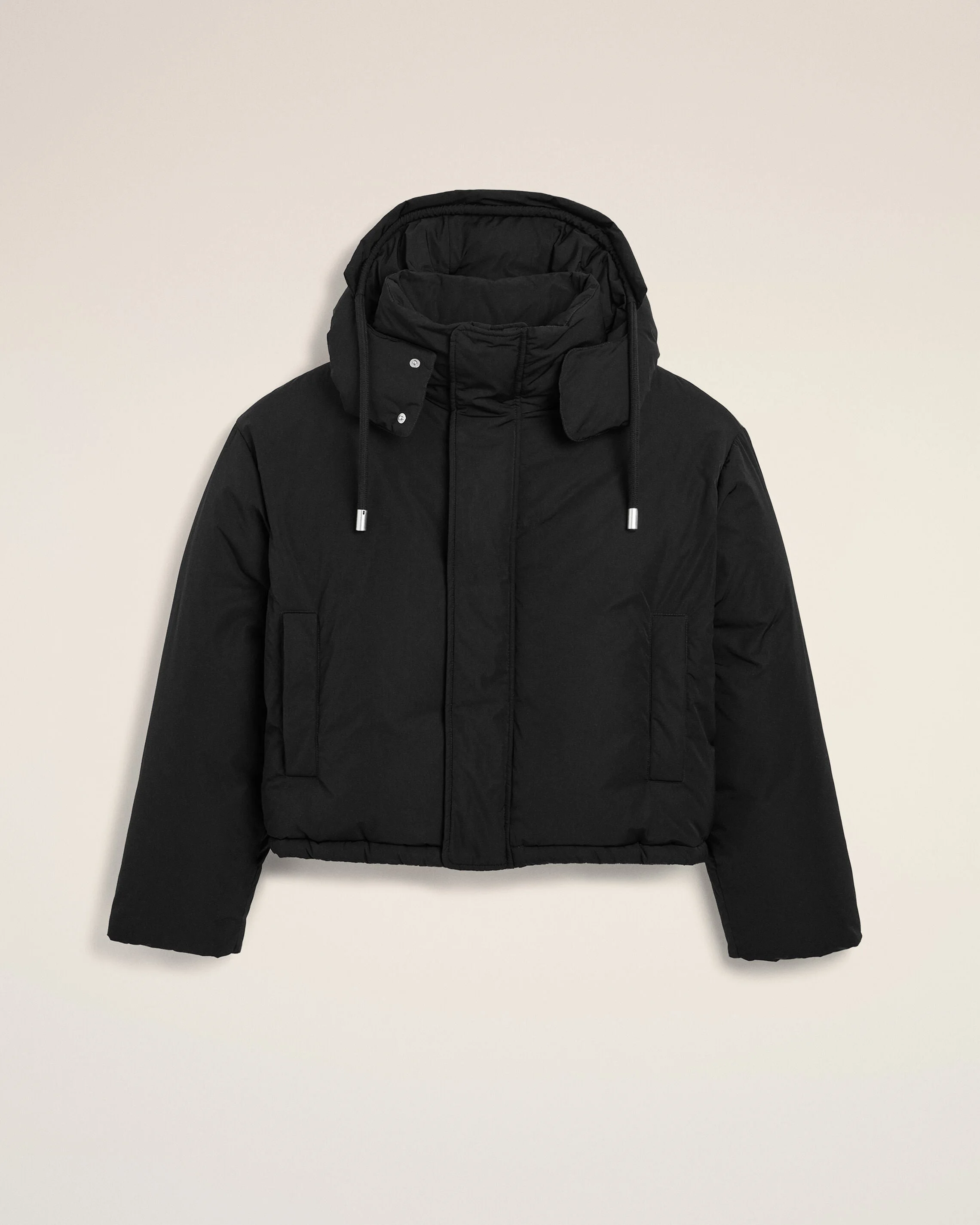 BLACK HOODED NYLON AND COTTON DOWN JACKET WITH AMI DE COEUR - 1