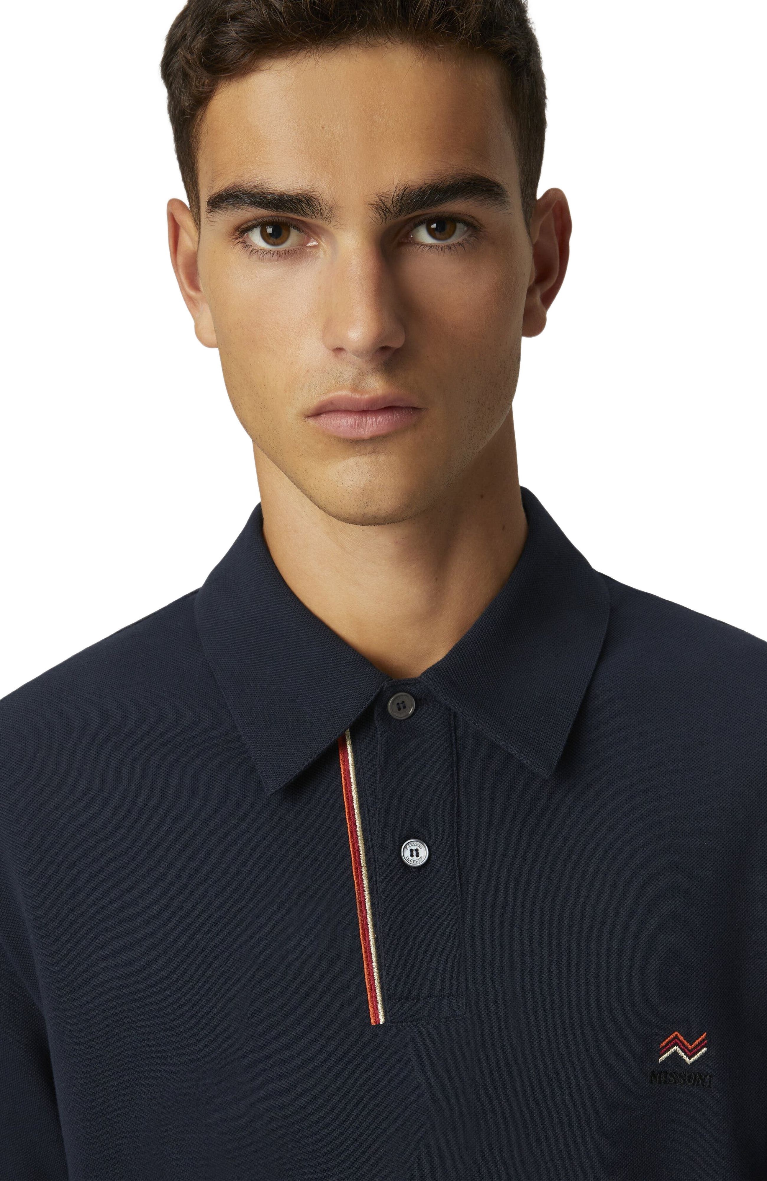 Missoni Solid Color Cotton Piqué Polo Shirt With Zigzag Embroidery And Contrasting Detail in Blue at - 8