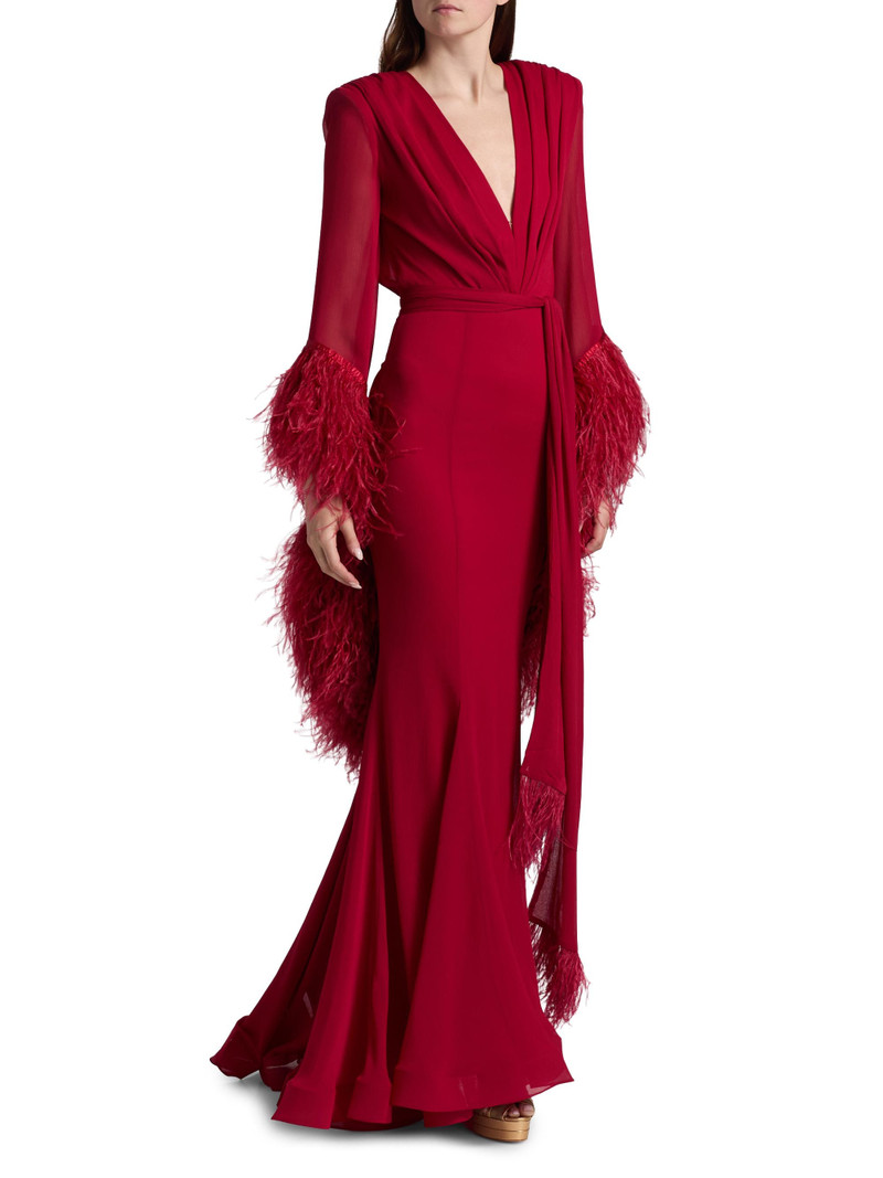 Women's Geisha V-Neck Feather Gown - Red 4
