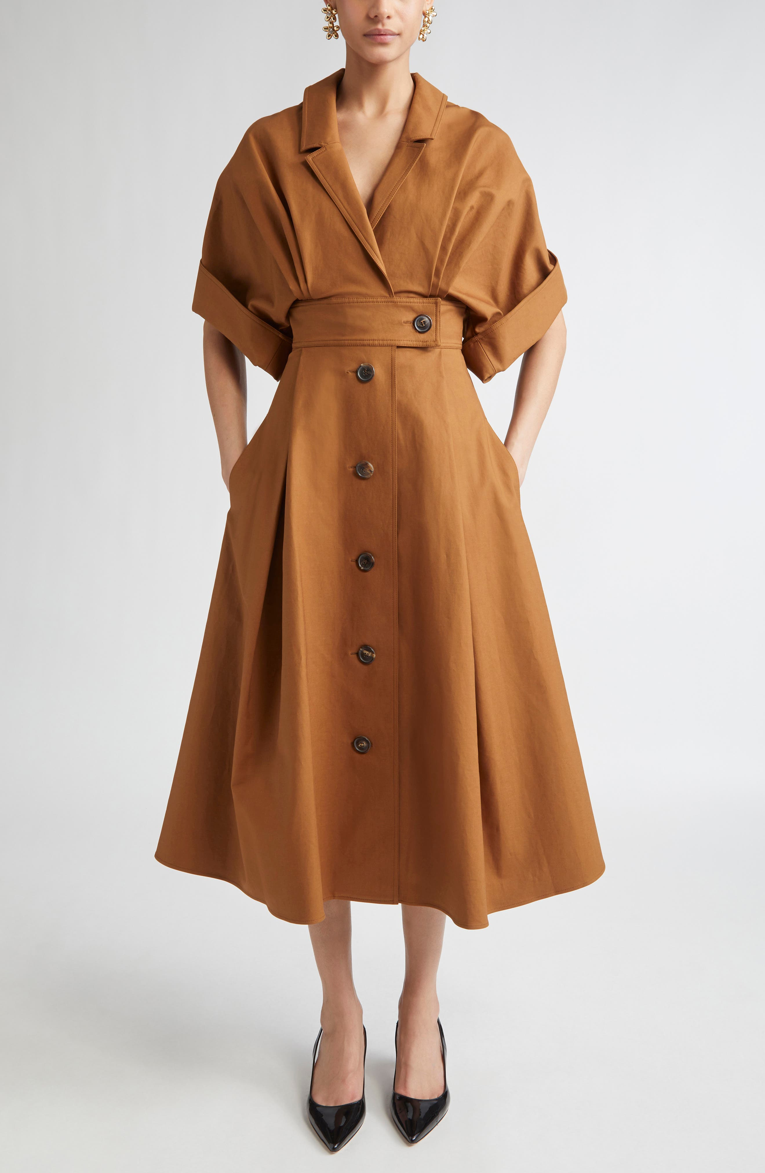 Carolina Herrera Wide Sleeve Belted Stretch Cotton Sateen Shirtdress in Nutmeg at Nordstrom - 1