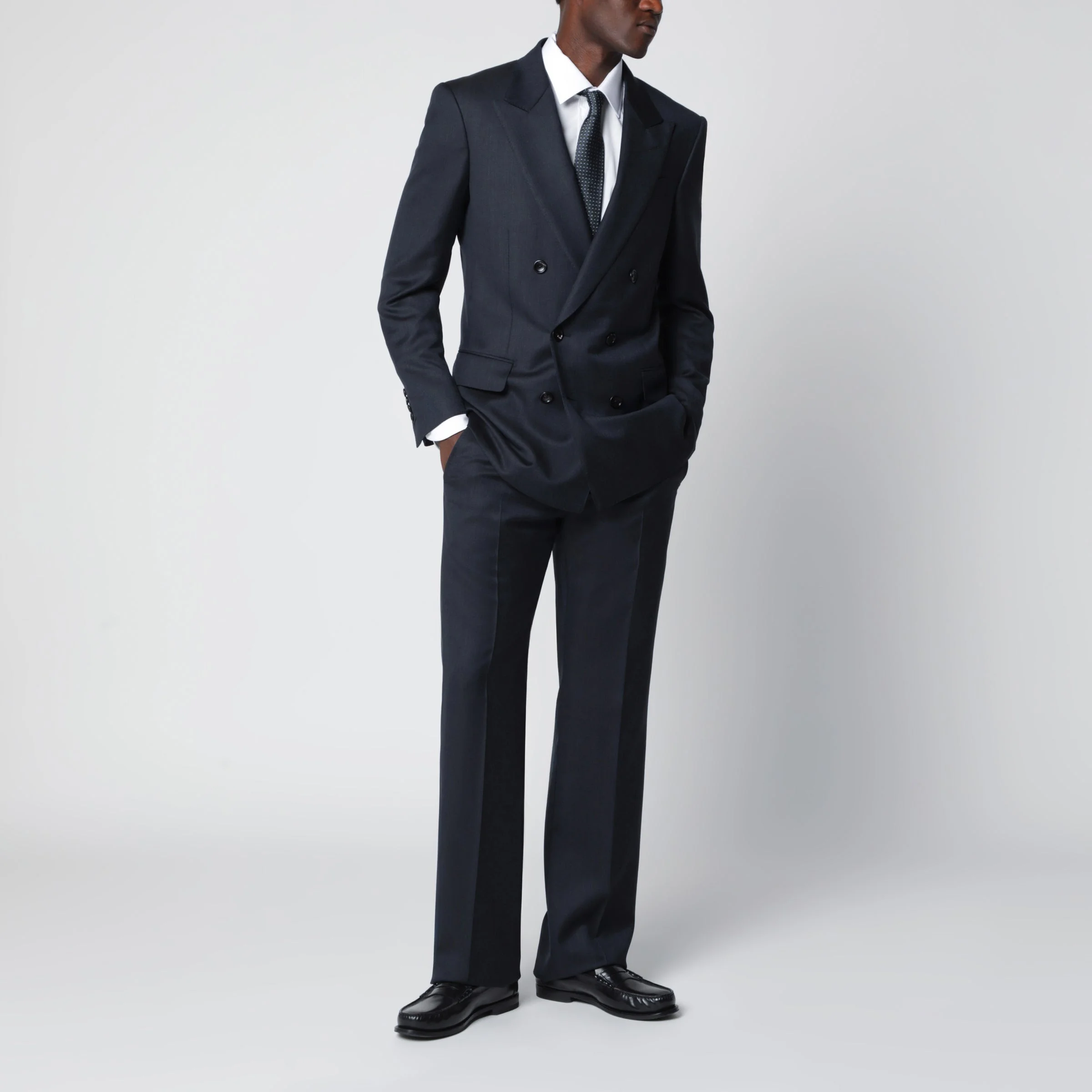 Navy double-breasted wool suit - 1