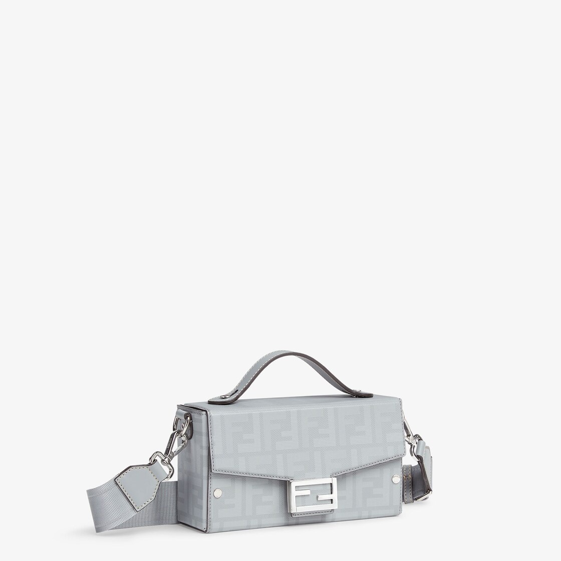 Baguette Soft Trunk bag made of light gray leather with a striped texture FF motif. Flap with magnet - 2