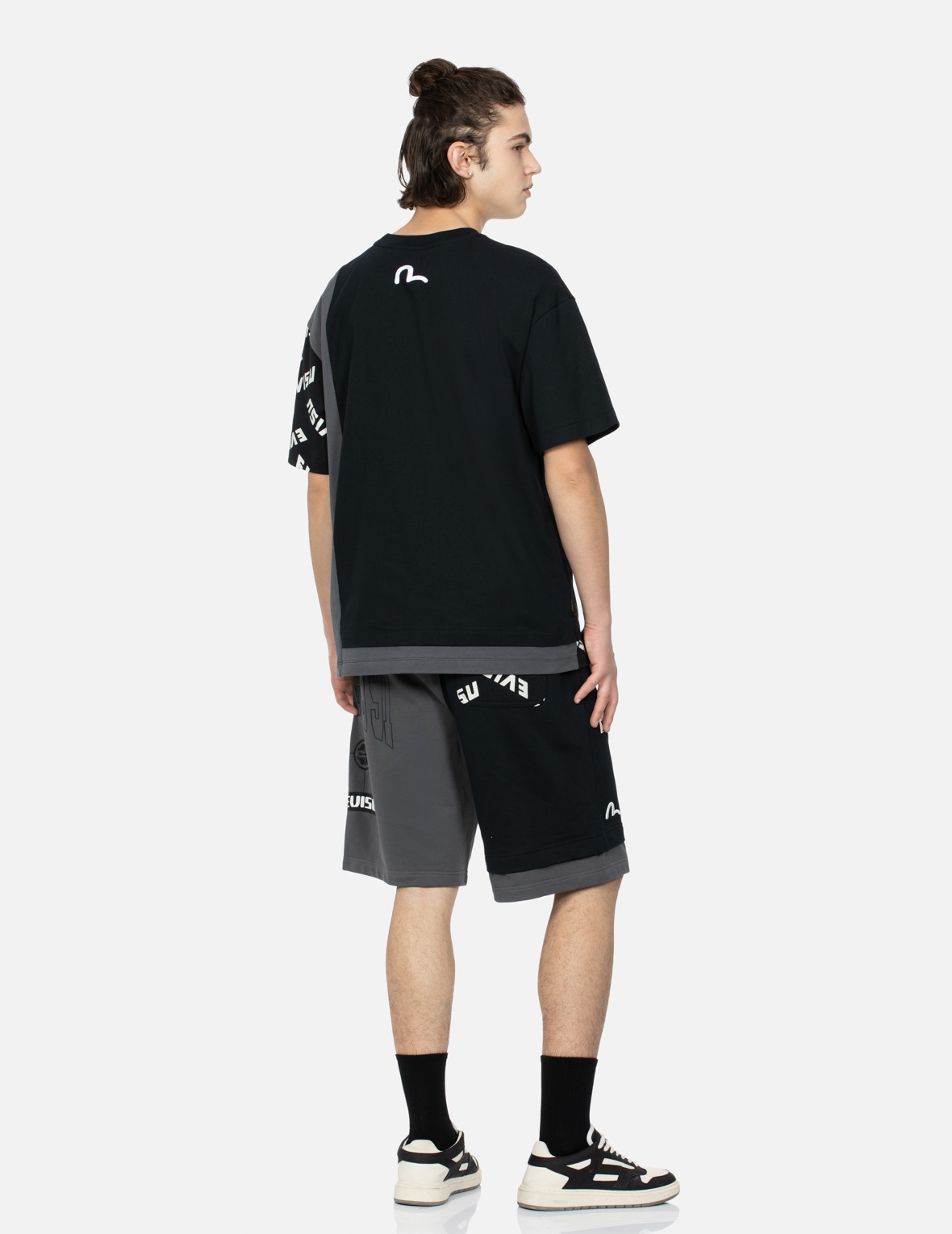LOGO PRINT AND SEAGULL EMBROIDERY PATCHWORK SWEAT SHORTS - 4