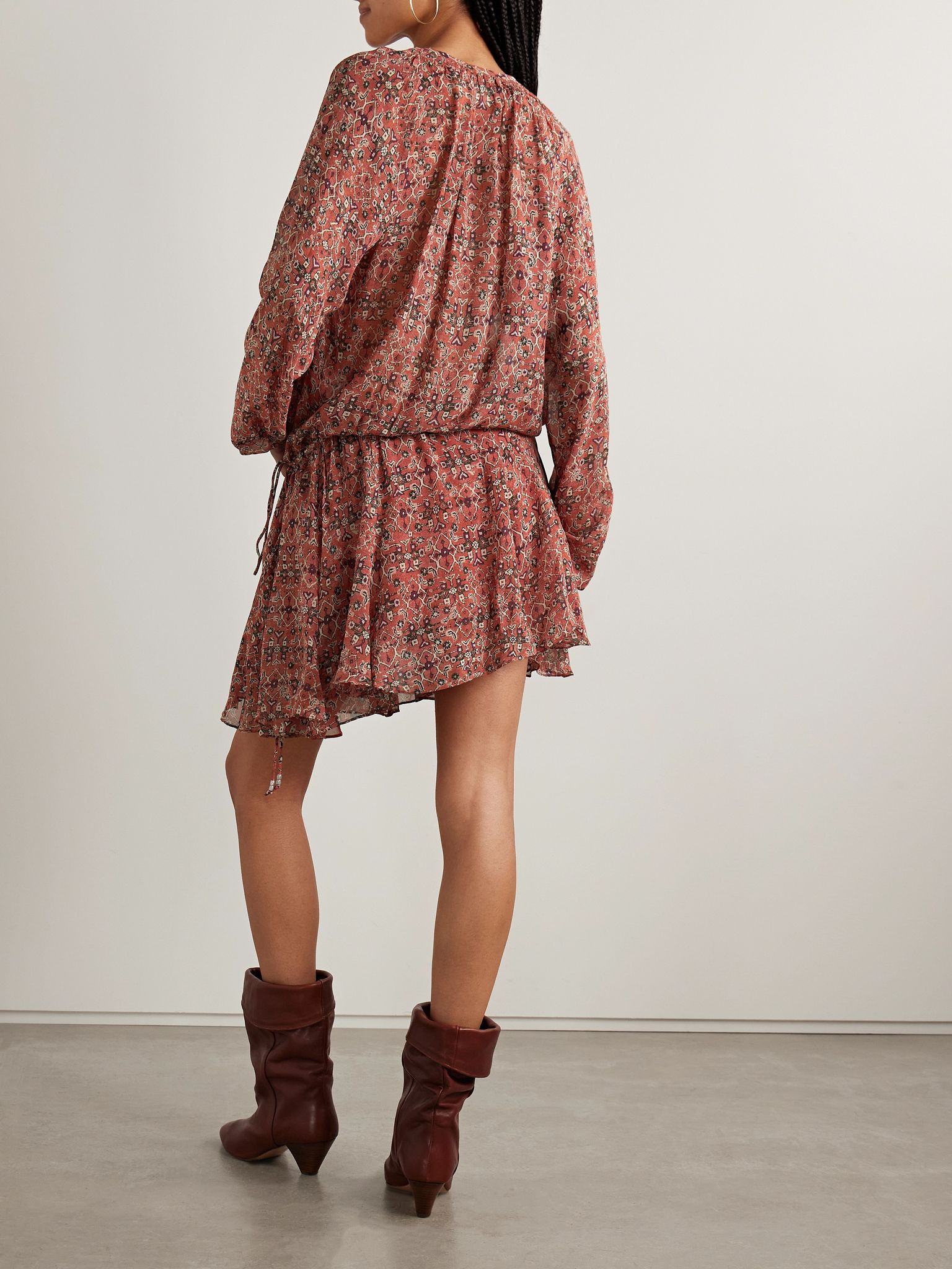 Bess gathered printed georgette mini dress Red - 3