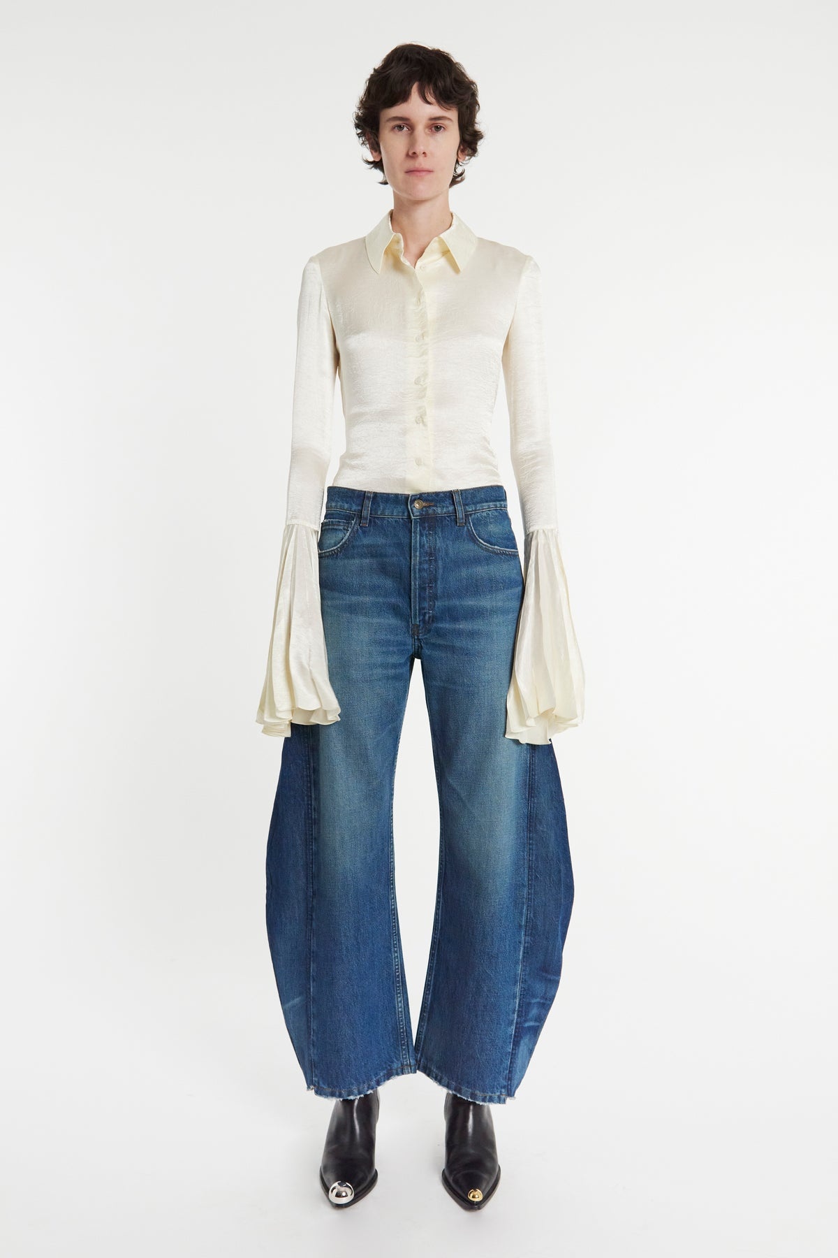 SATIN SHIRT WITH PLEATED BELL SLEEVES IVORY - 9