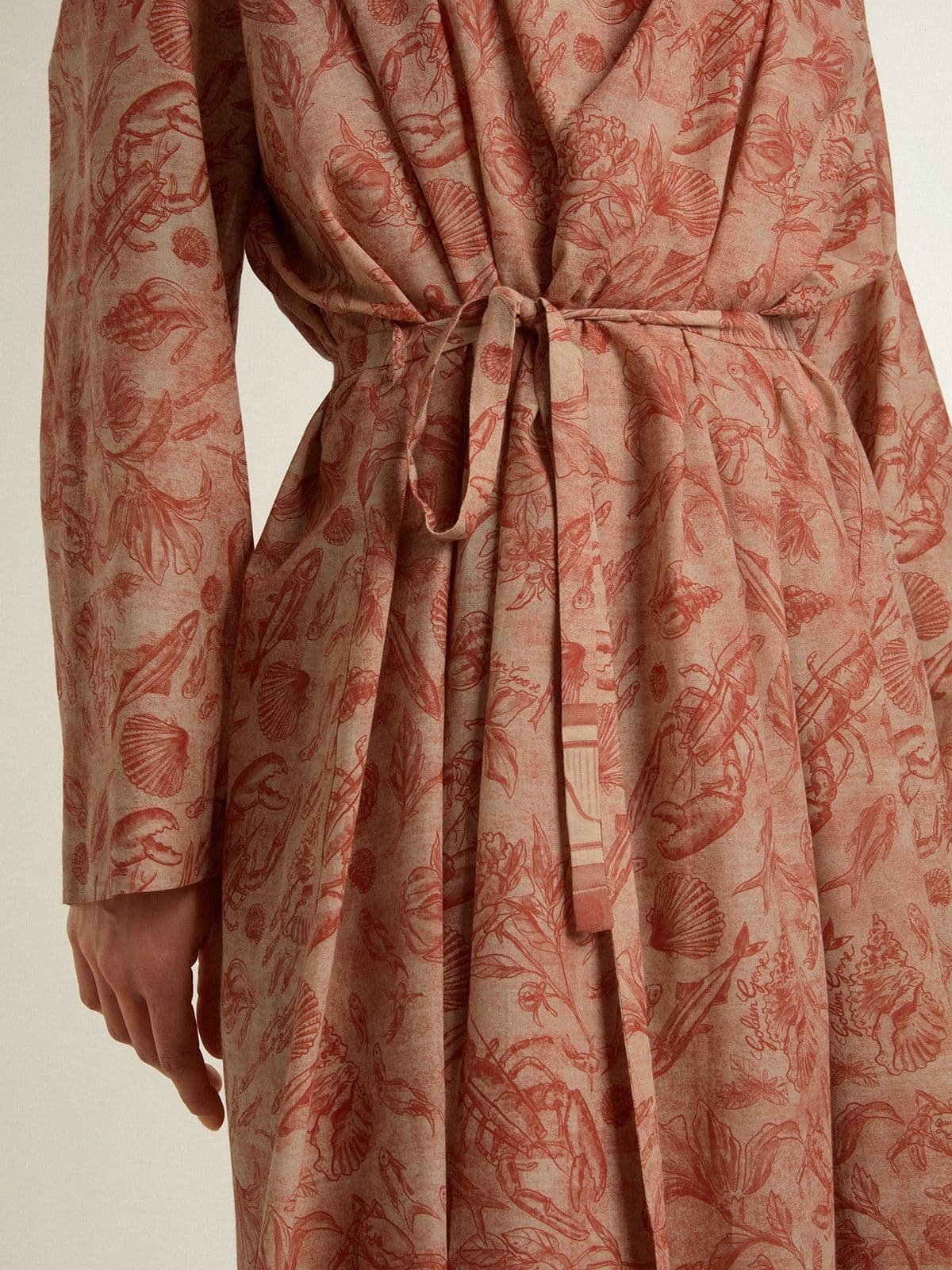 Women's kaftan in cotton voile with all-over brick-red marine print - 5