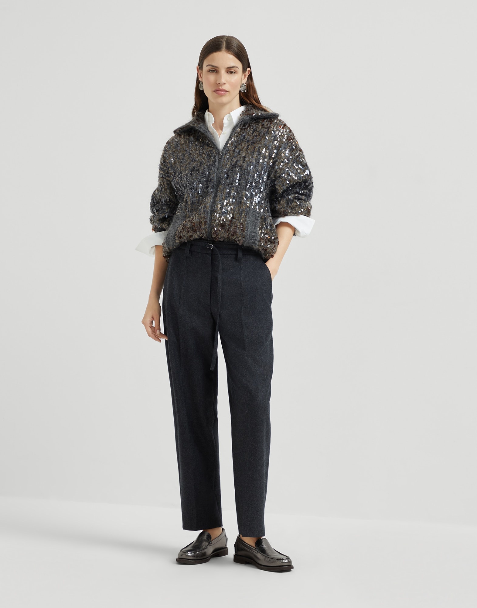 Virgin wool flannel straight cropped trousers with monili - 5