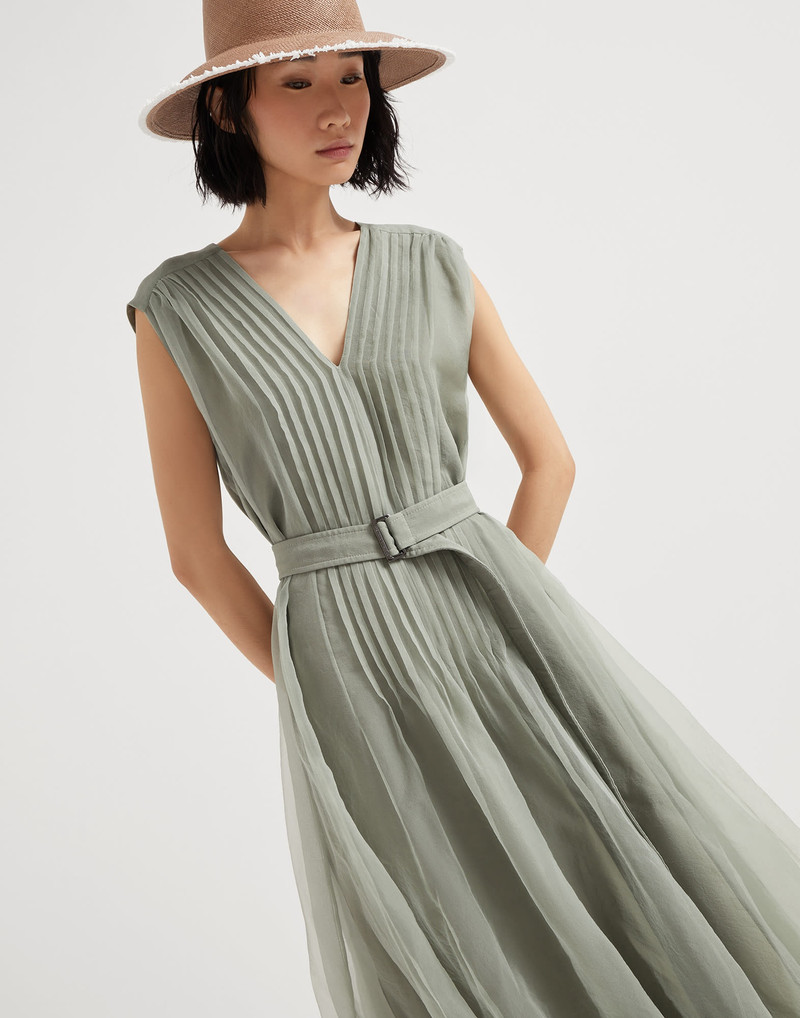 Crispy silk belted dress with pleated detail and precious strap 4