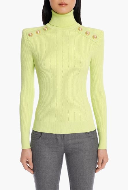 Lime green knit sweater with gold-tone buttons - 5