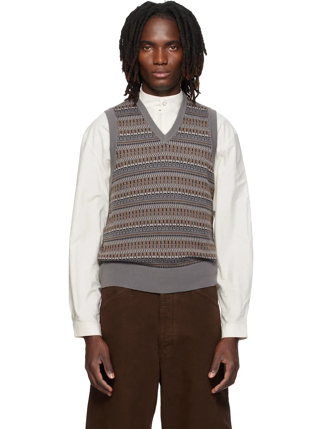 Gray V-Neck Jacquard Sweater Vest - 1