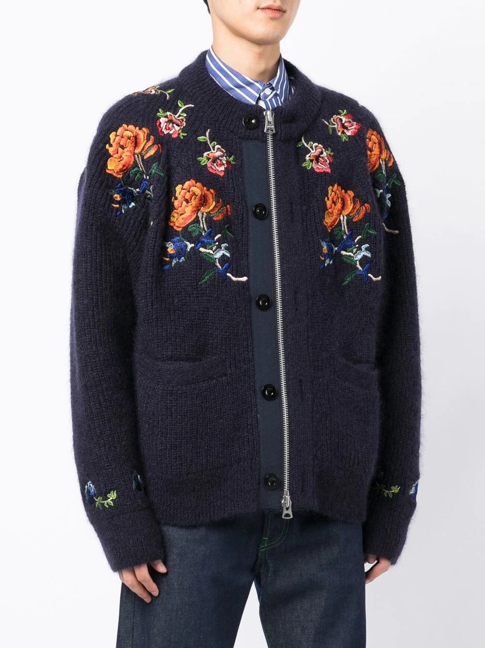 zip-front floral-embroidered cardigan - 3