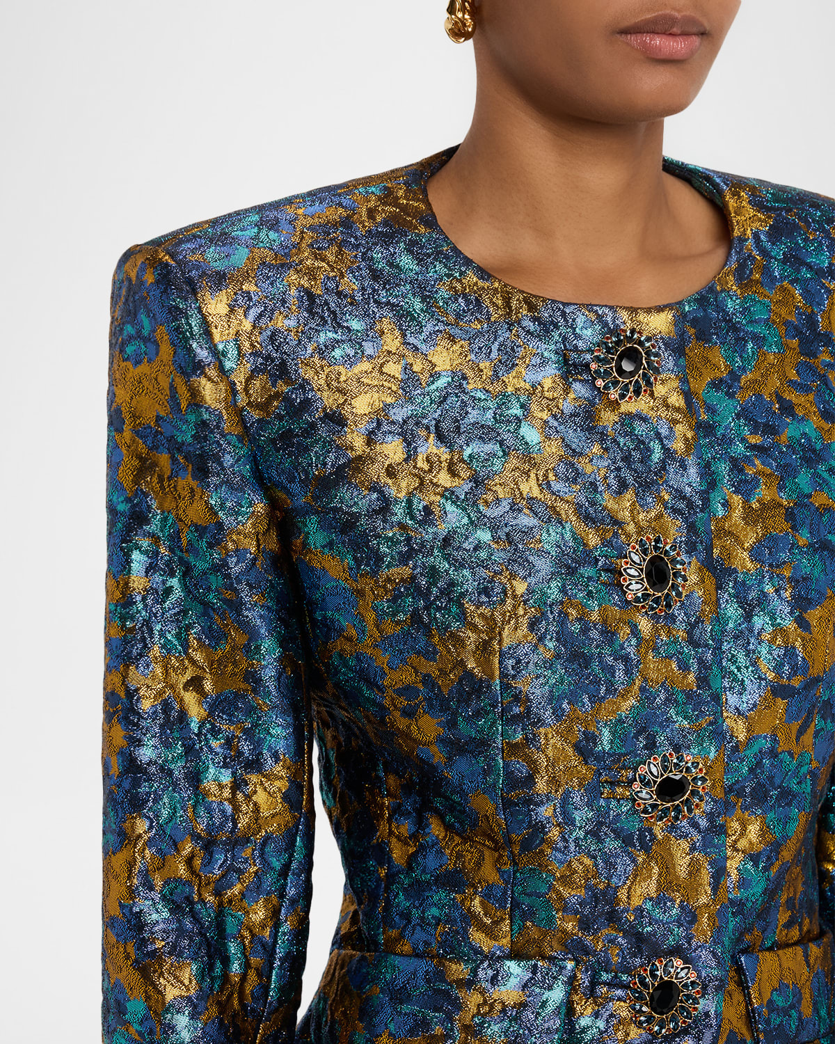 Metallic Floral Brocade Single-Breasted Jacket - 5