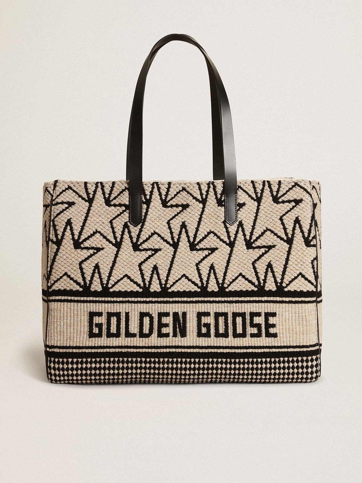 East-West California Bag in milk-white jacquard wool with contrasting black monograms and Golden Goo - 1