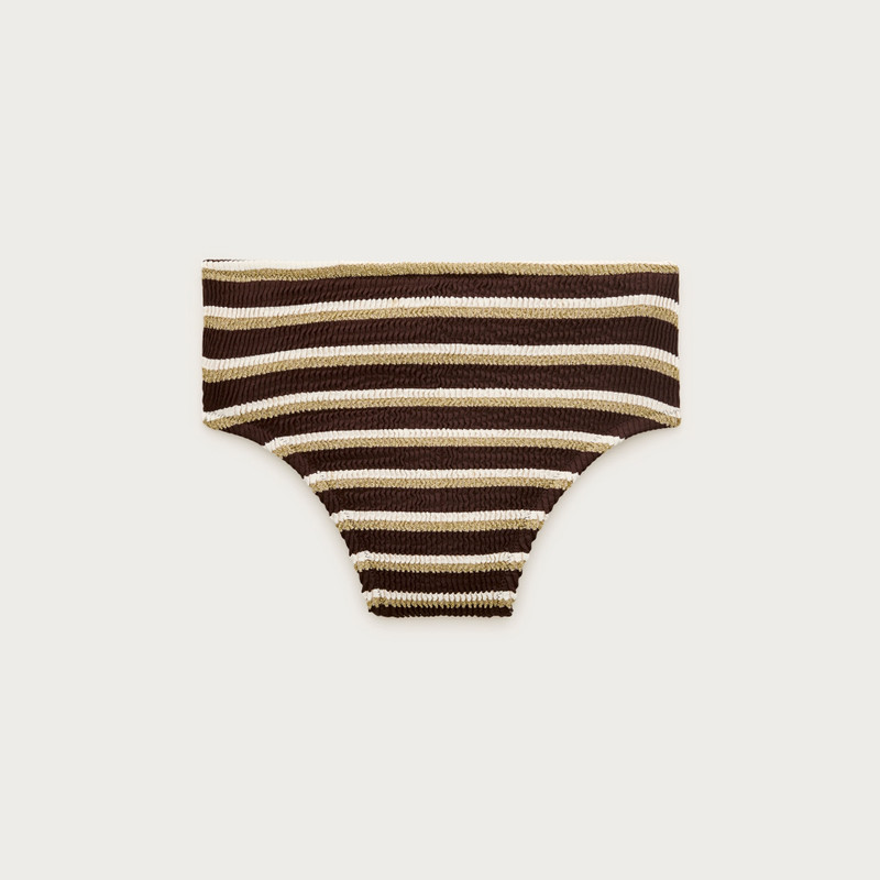 Hallie scrunchie bikini bottom in metallic stripe 1