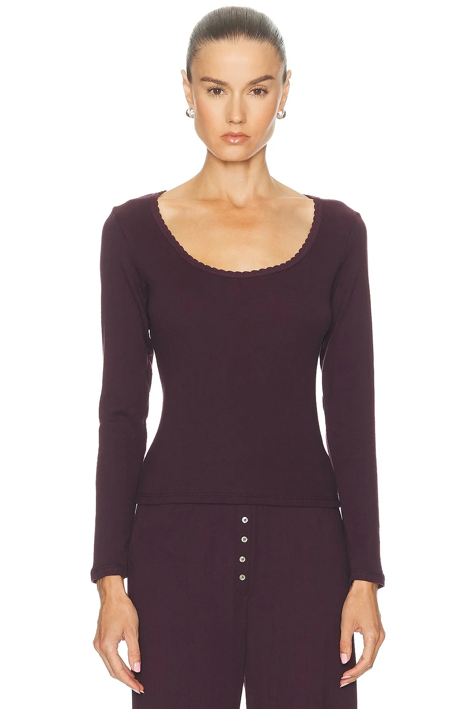 Pointelle Long Sleeve Scoop Neck Top - 1